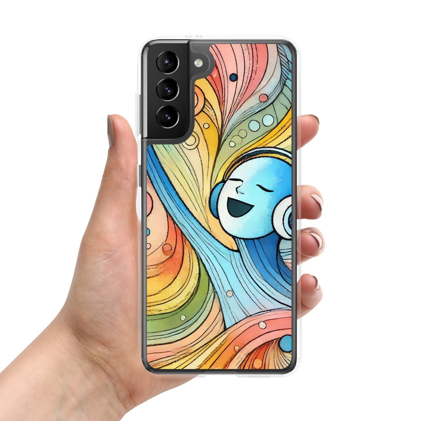 Front of Samsung s21 plus clear case with illustration of figure singing and listening to music