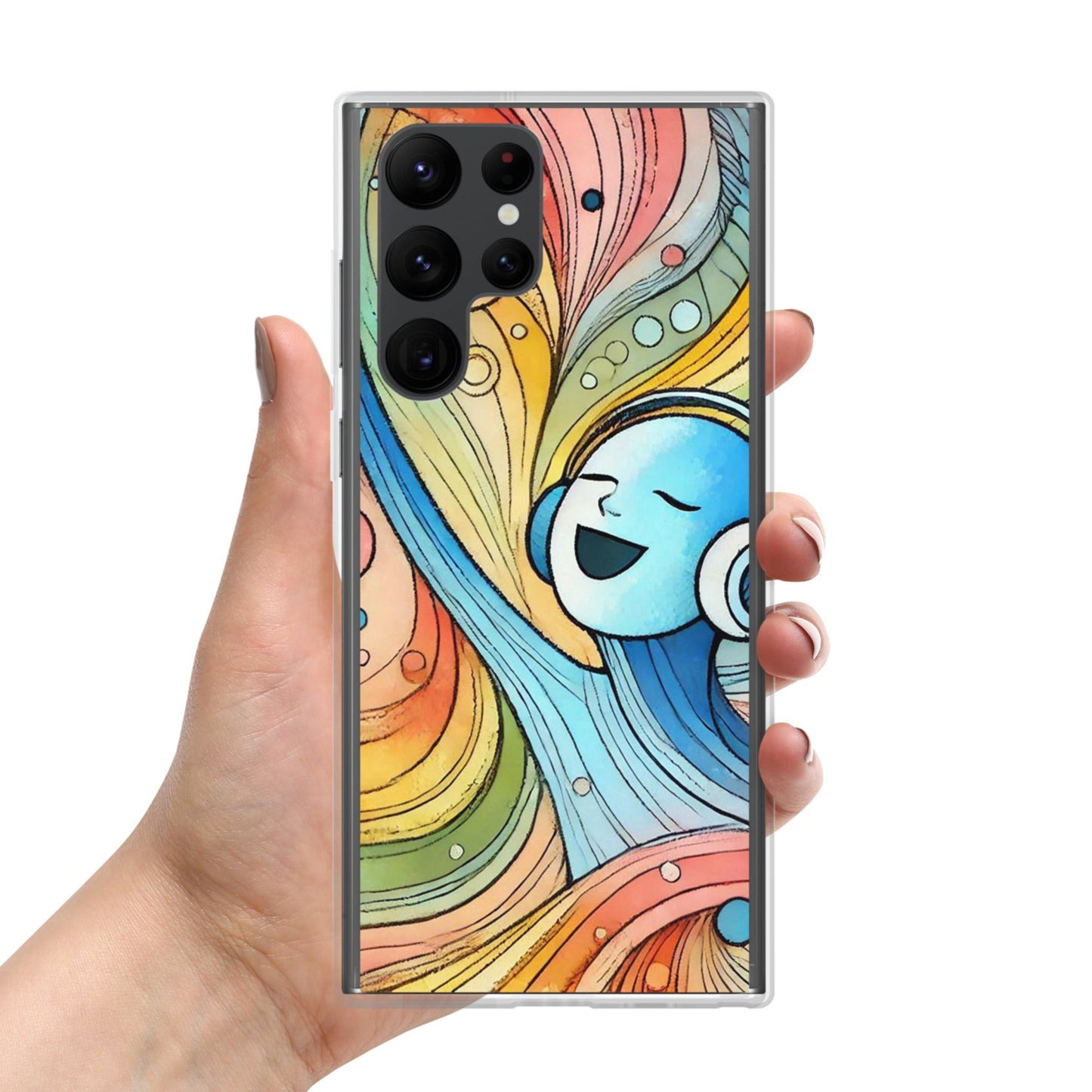 Front of Samsung s22 ultra clear case with illustration of figure singing and listening to music