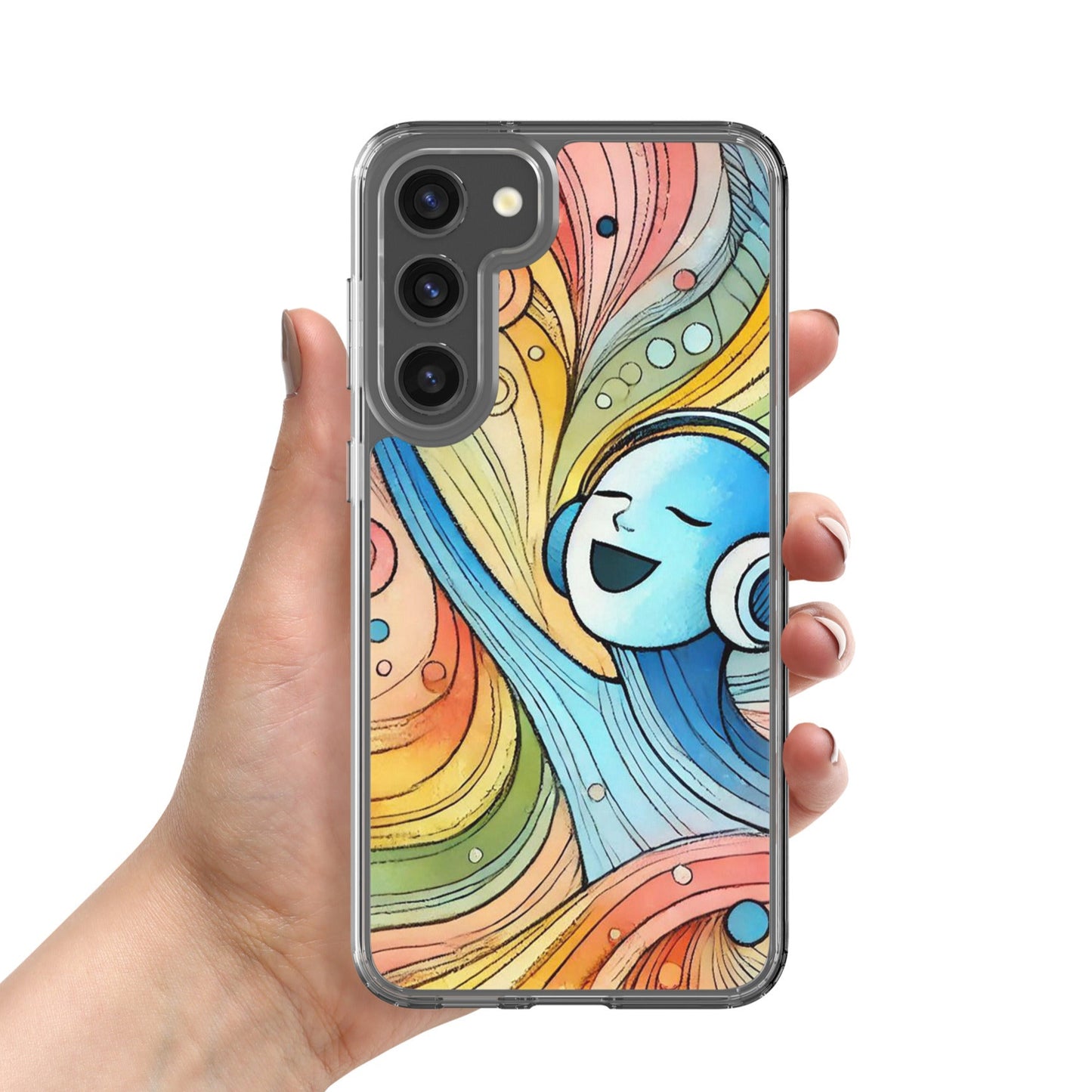 Front of Samsung s23 plus clear case with illustration of figure singing and listening to music