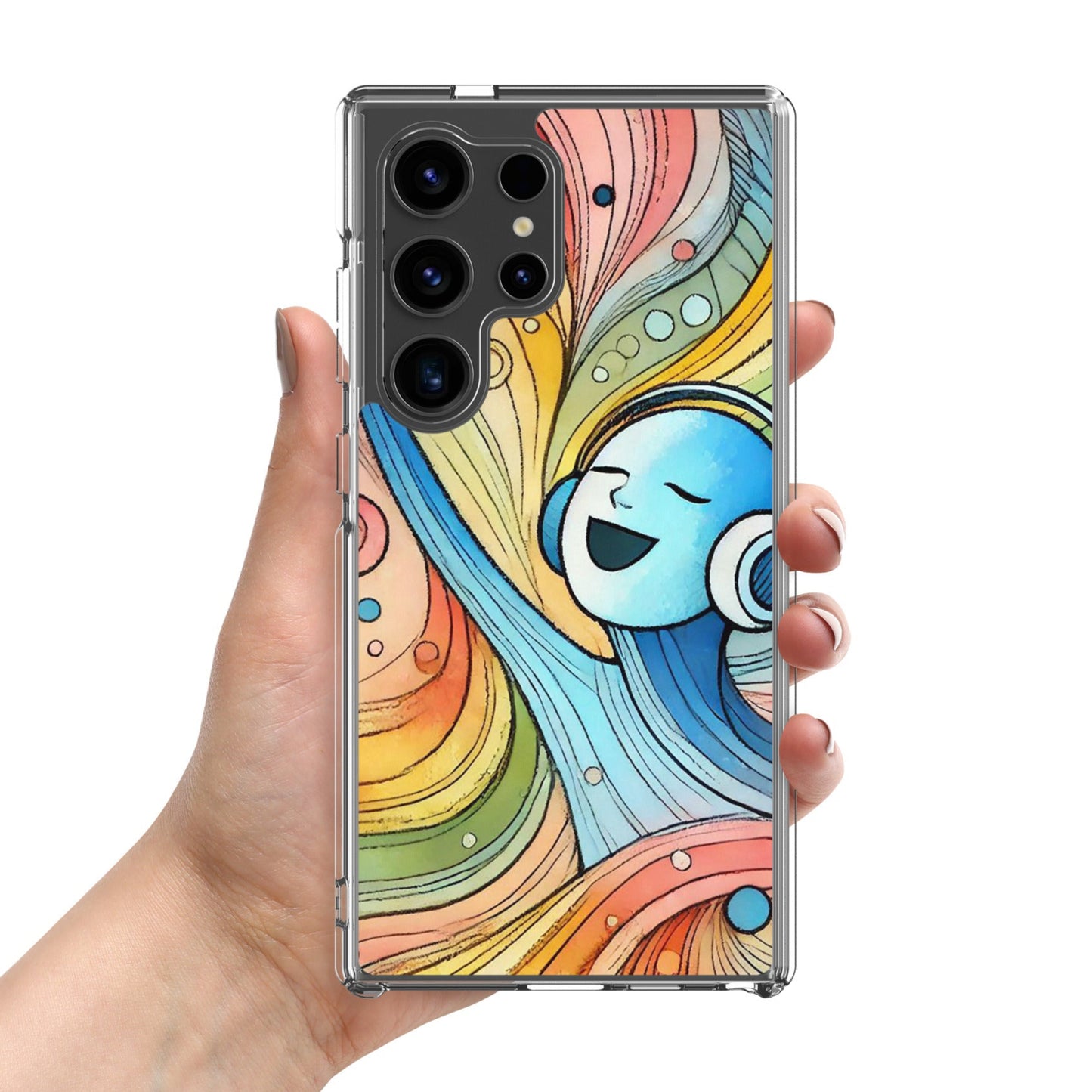 Front of Samsung s24 ultra clear case with illustration of figure singing and listening to music