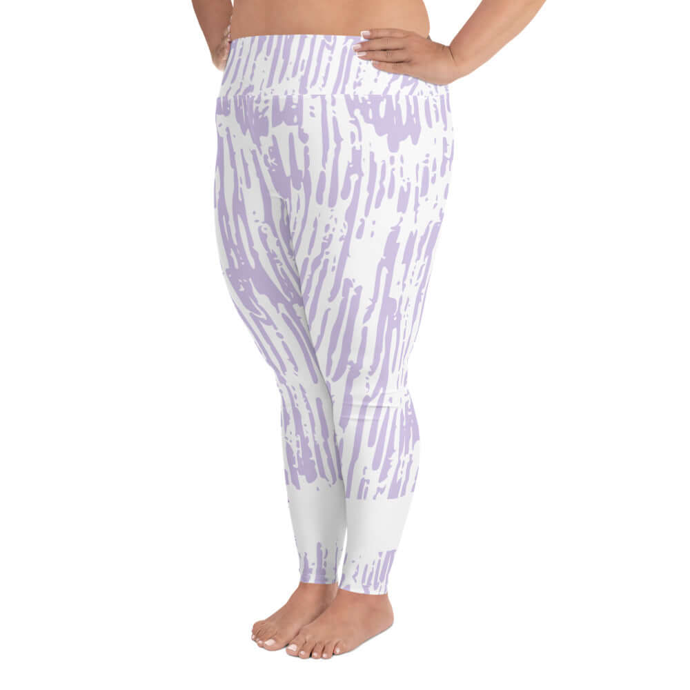 Left front view of purple and white print leggings