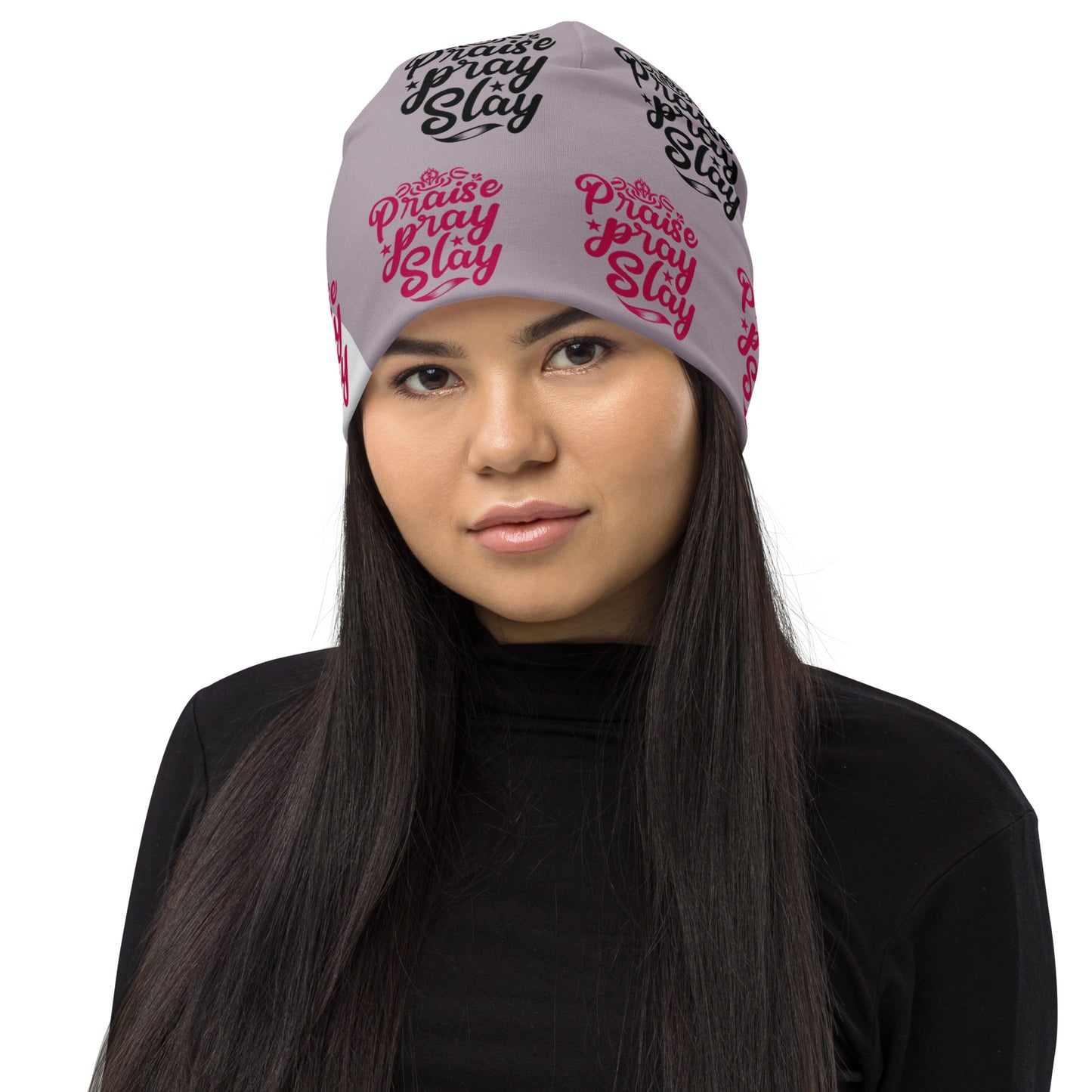 Front of Praise Pray Slay beanie with a gray background, text saying 'Praise Pray Slay' in burgundy and black text