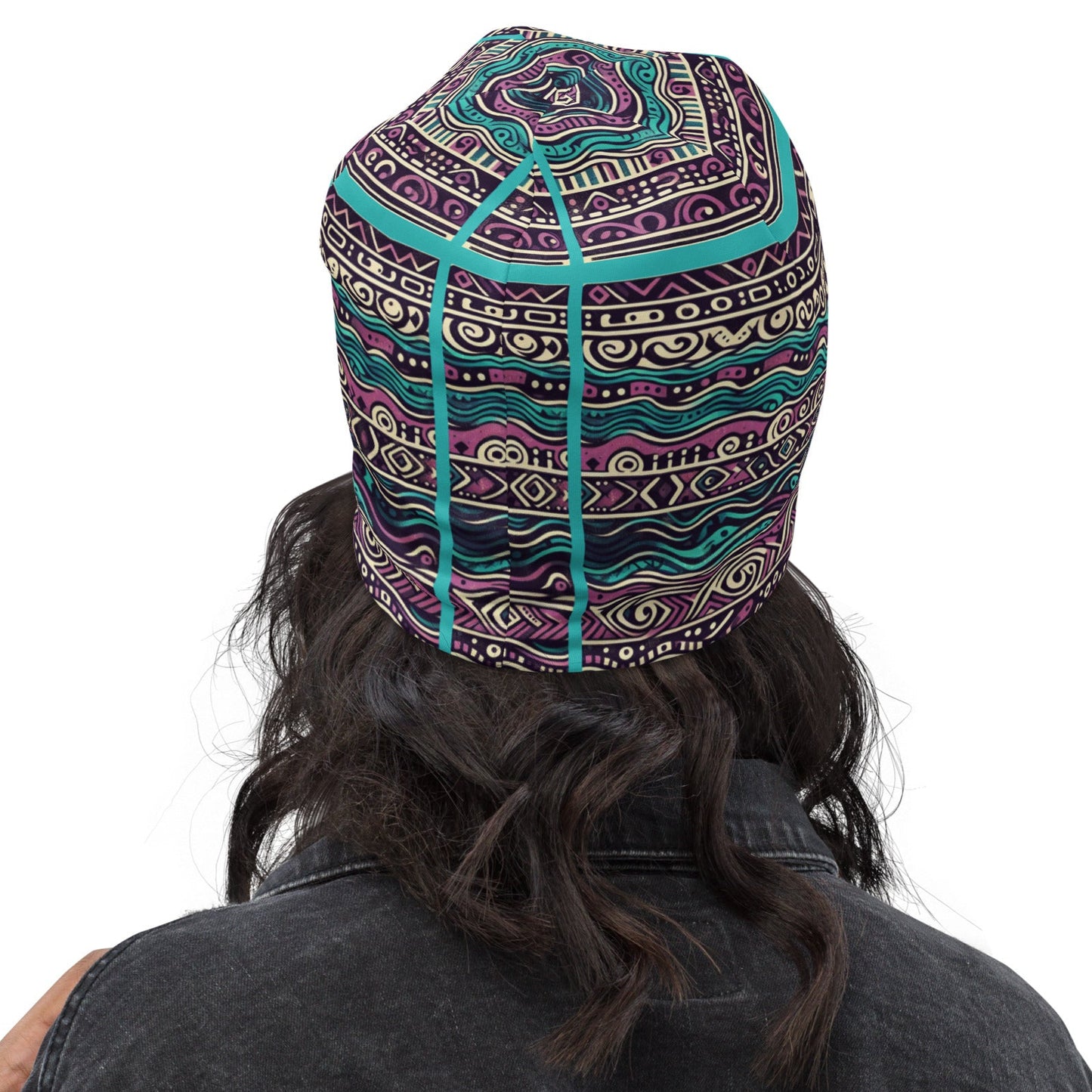 Back of purple and teal patterned beanie