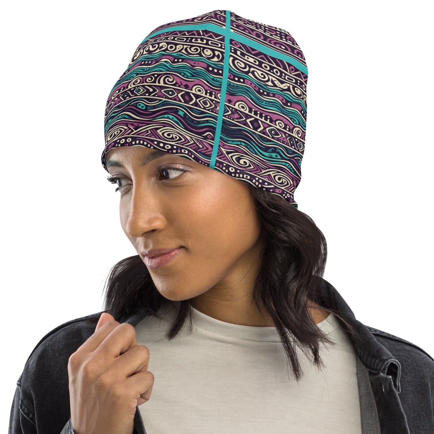 Left front of purple and teal patterned beanie