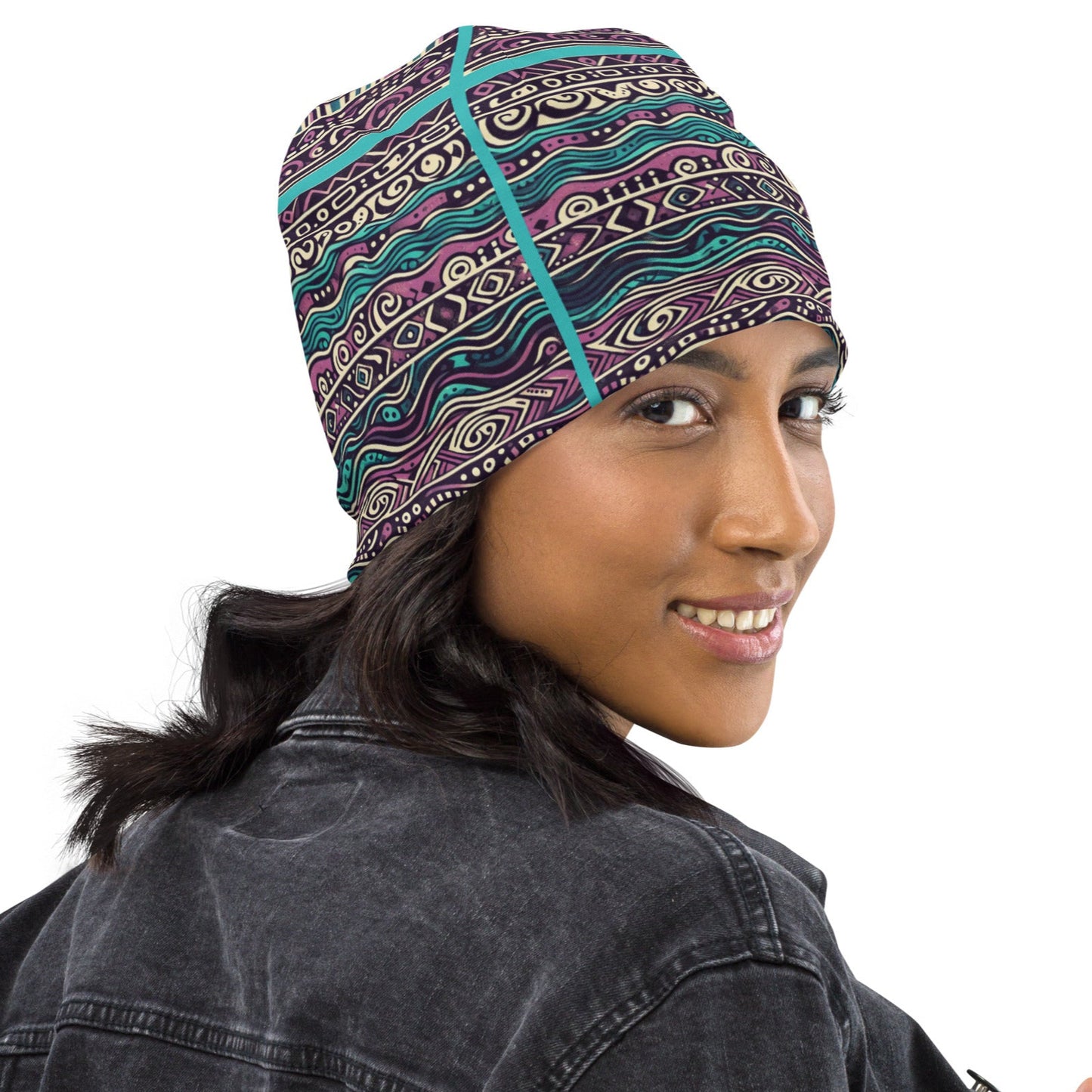 Right front of purple and teal patterned beanie