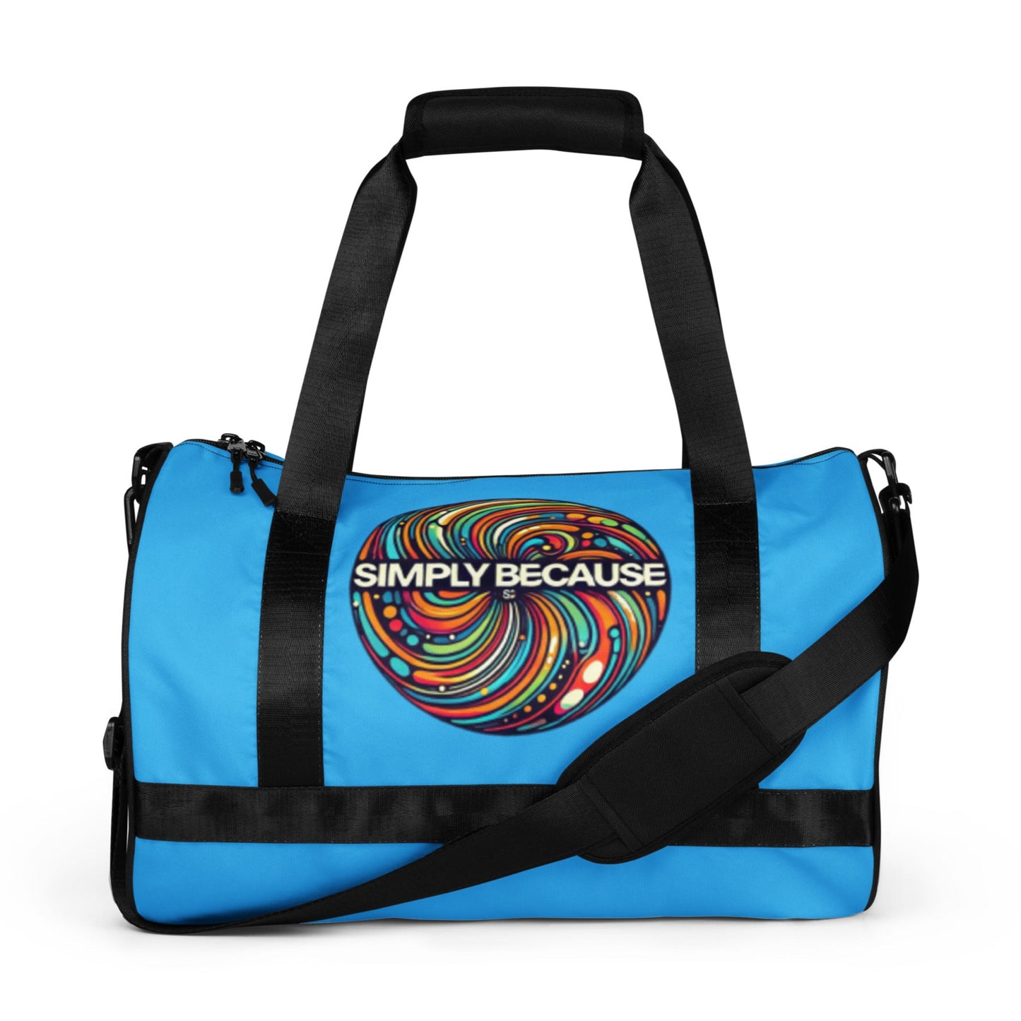 Front of blue gym bag with 'simply because' multi-colored icon