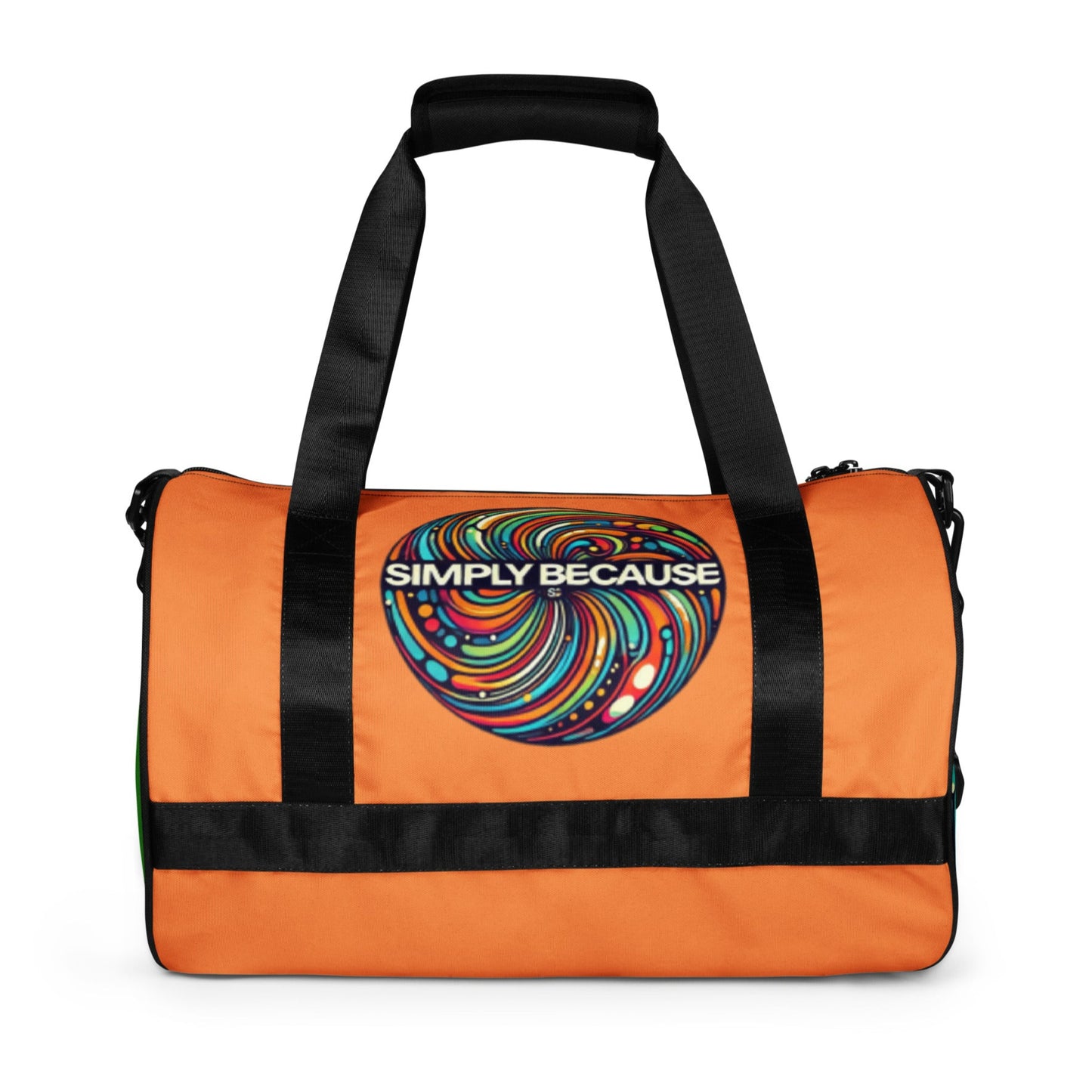 Back of orange gym bag with 'simply because' multi-colored icon