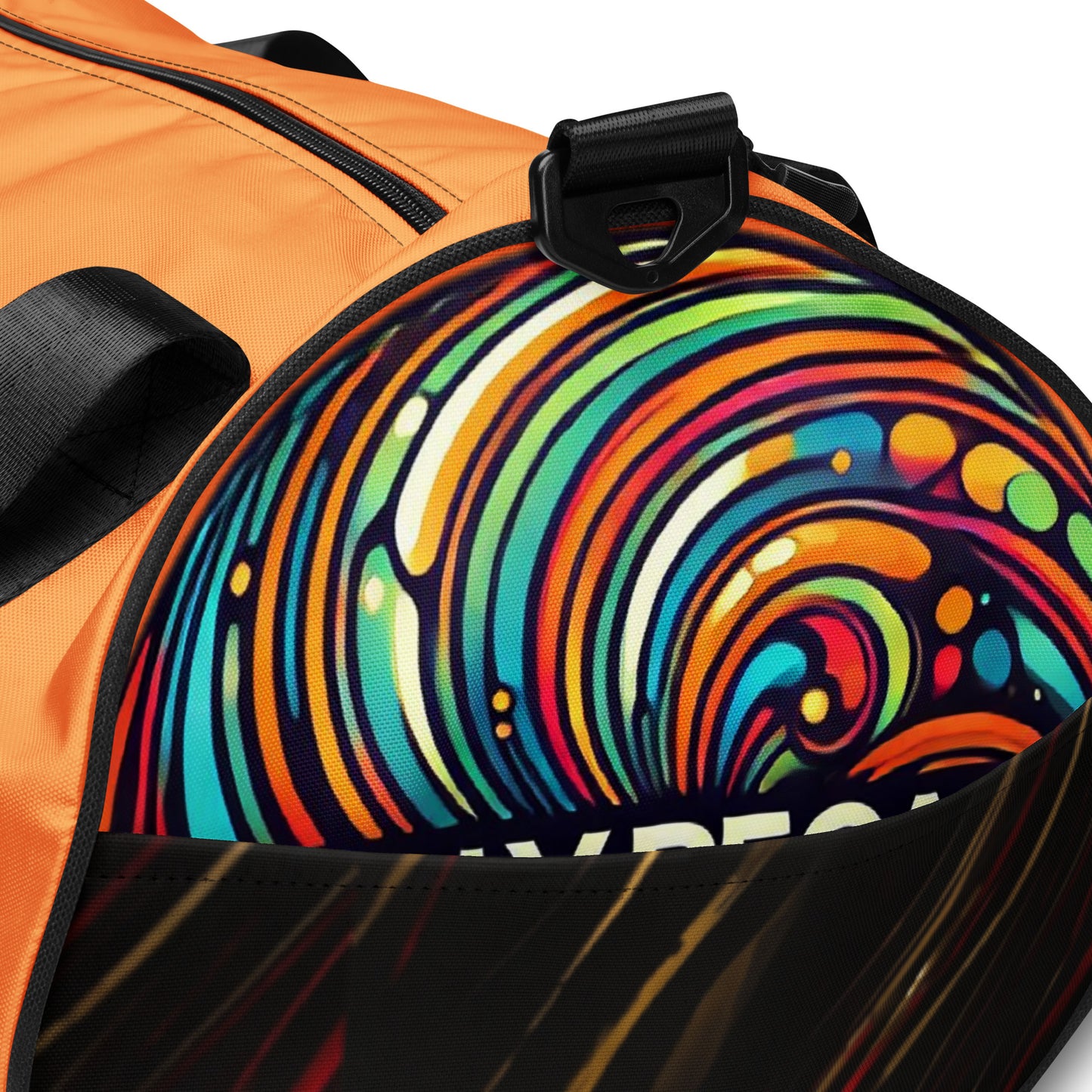 Front of orange gym bag with 'simply because' icon