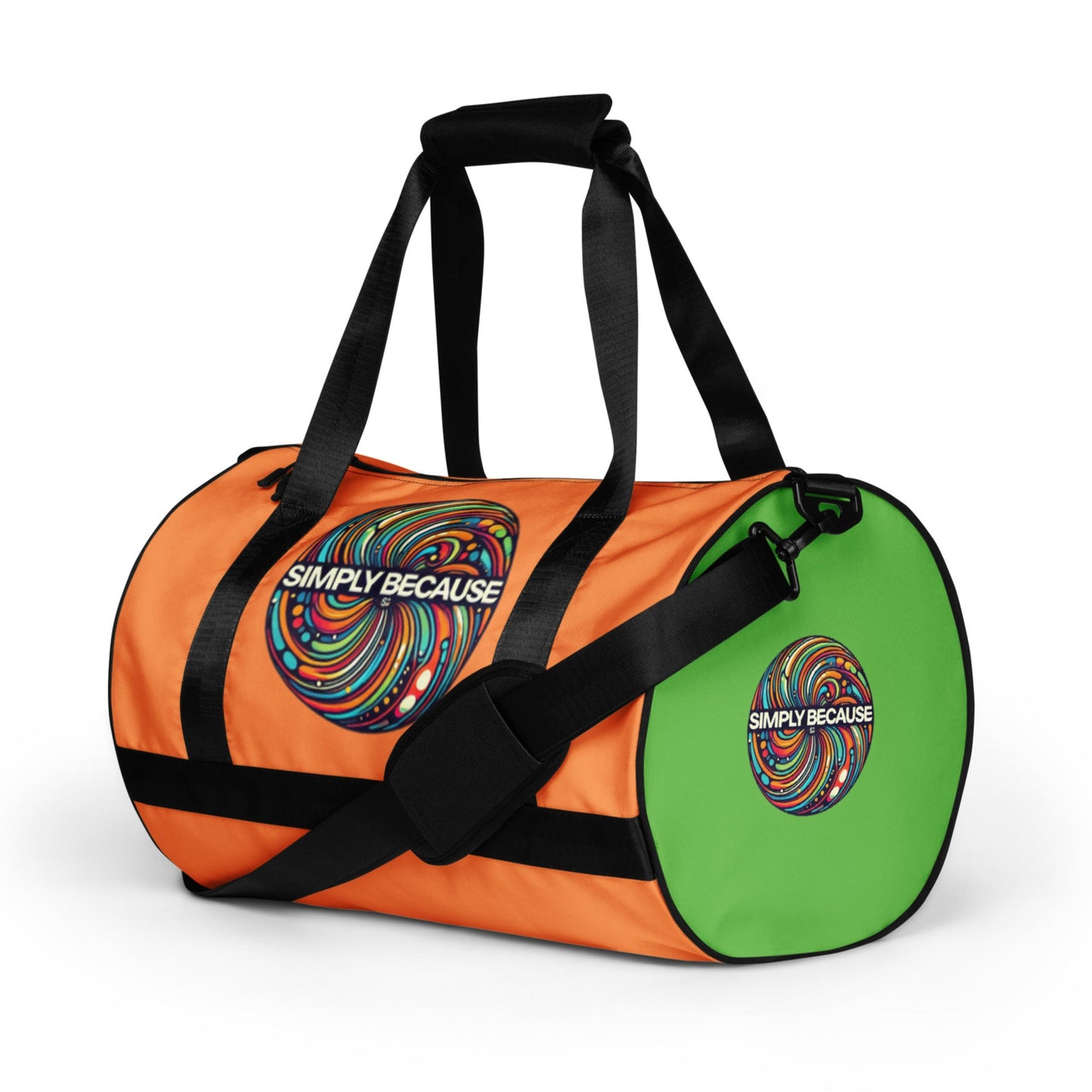 Left front of orange gym bag with 'simply because' multi-colored icon
