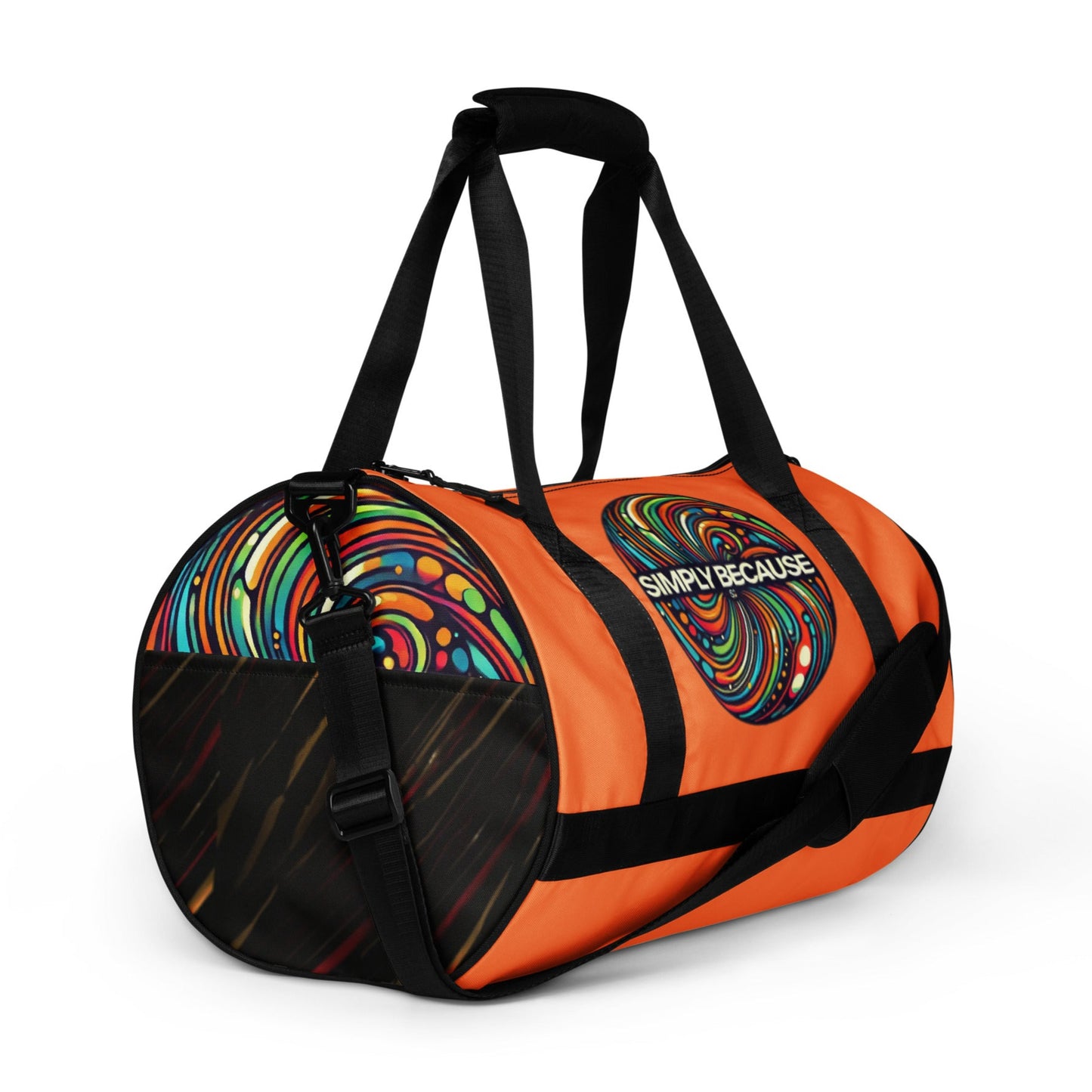 Right front of orange gym bag with 'simply because' multi-colored icon