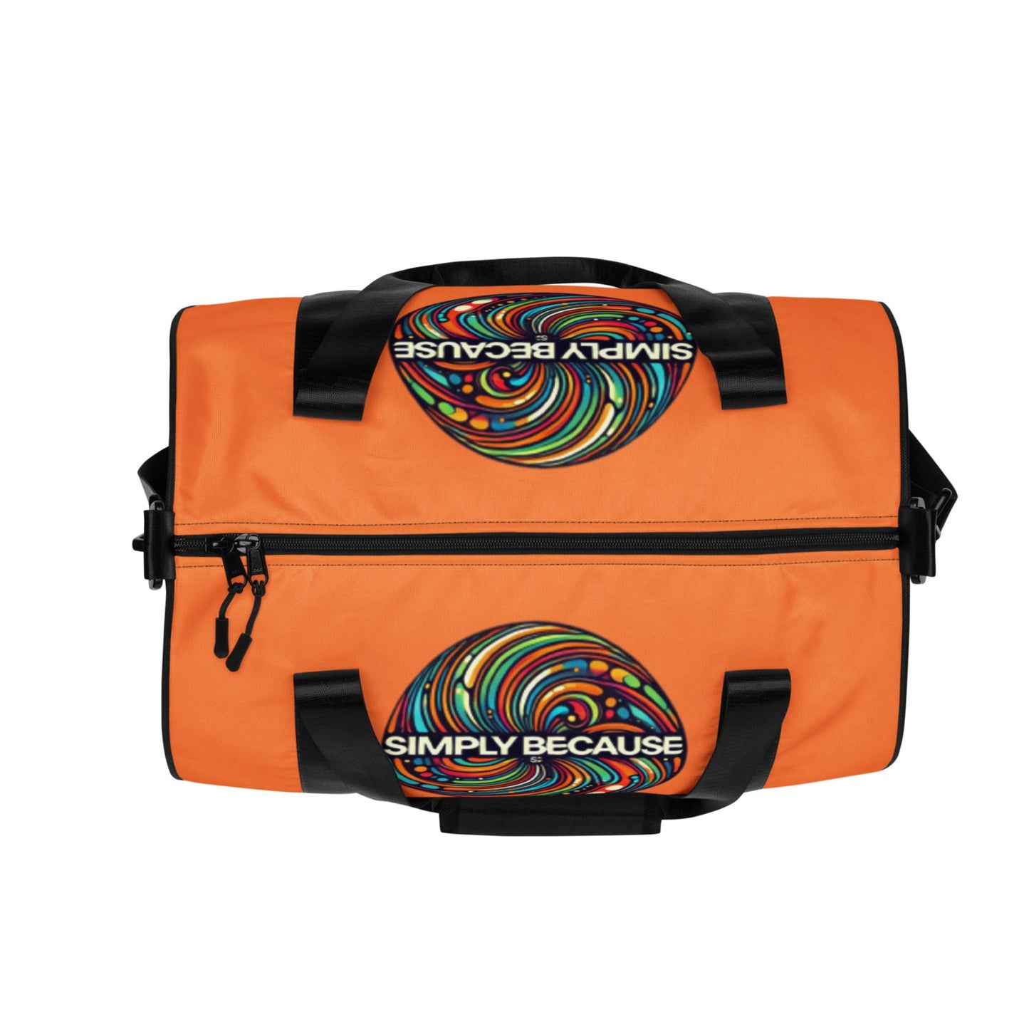 Top of orange gym bag with 'simply because' multi-colored icon