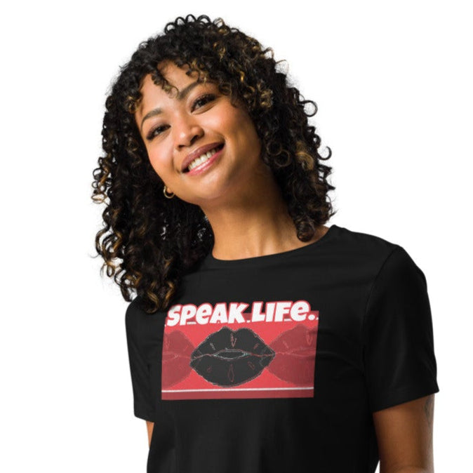 Front of black t-shirt with text saying 'Speak Life' and black and red lips design beneath