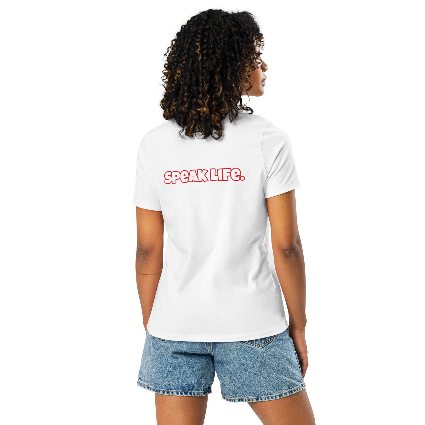Back of black t-shirt with text saying 'Speak Life'