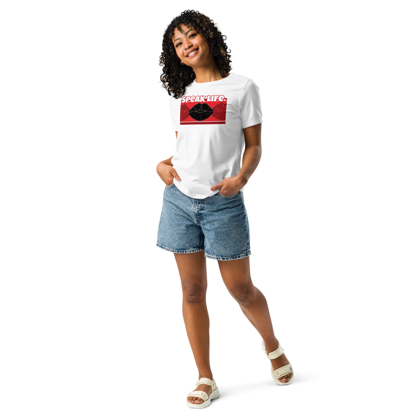 Front of white t-shirt with text saying 'Speak Life' and black and red lips design beneath
