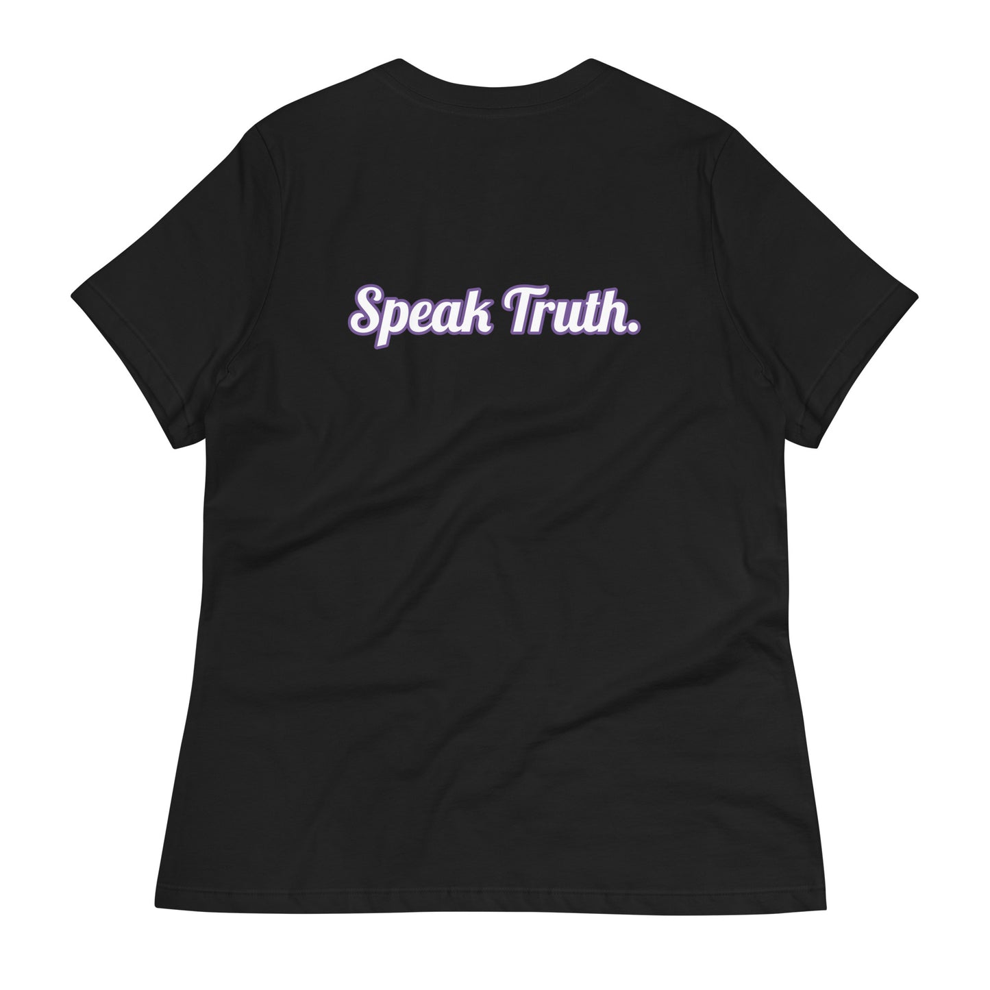 Back of black t-shirt with text saying 'Speak Truth