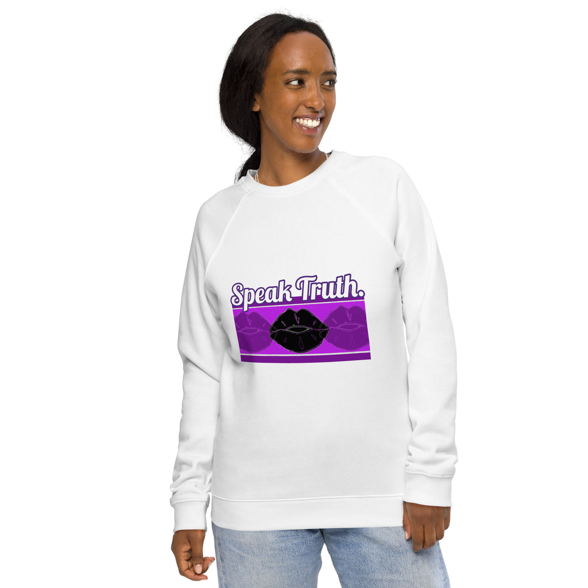 Front of white sweatshirt with text saying 'Speak Truth' and black and purple lips design beneath