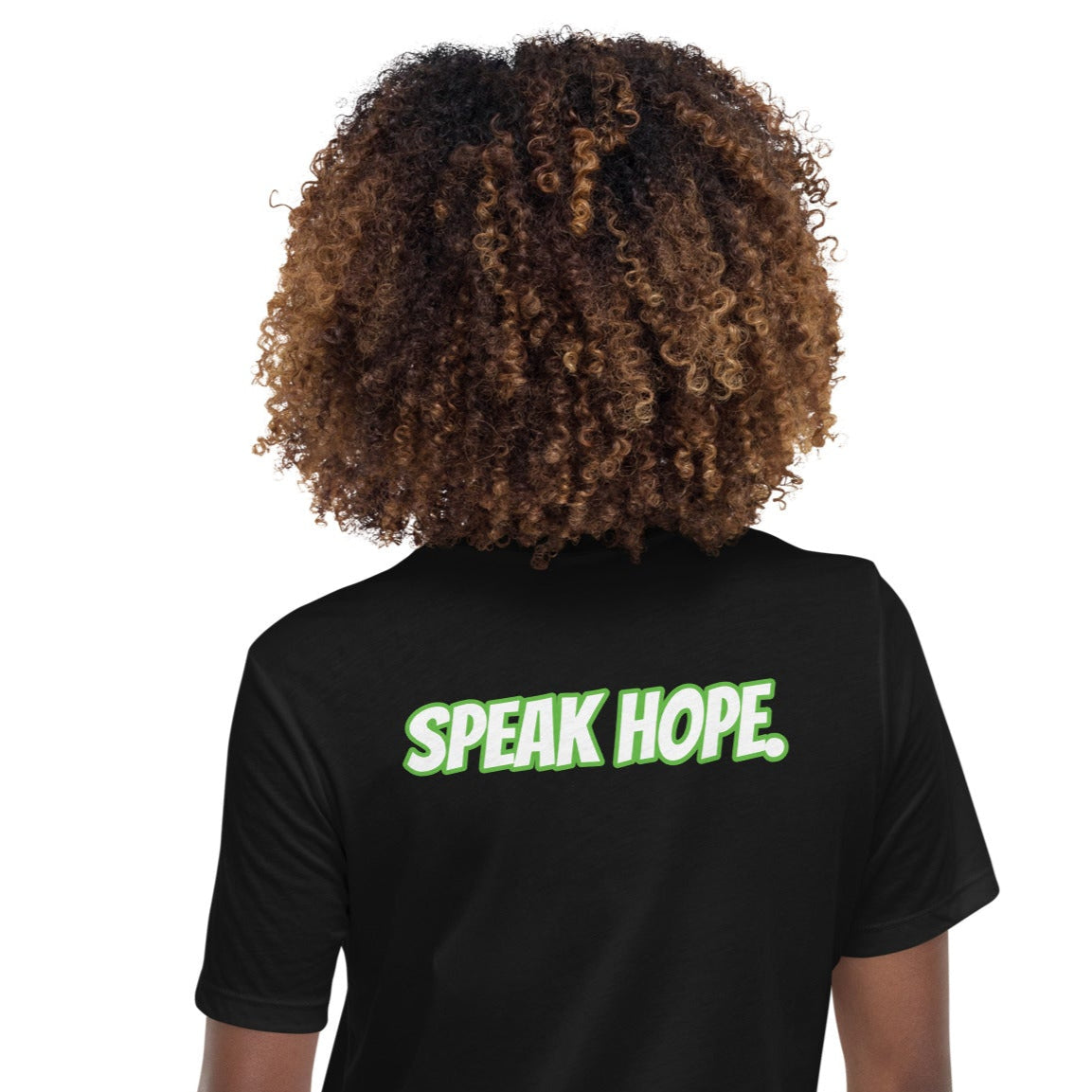 Back of black t-shirt with text saying 'Speak Hope'