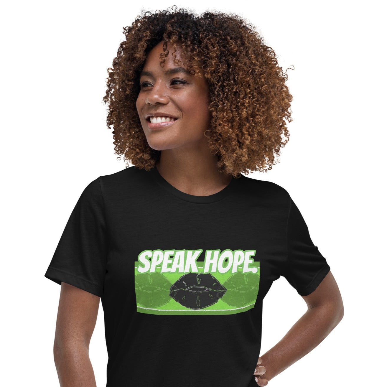 Front of black t-shirt with text saying 'Speak Hope' and black and green lips design beneath