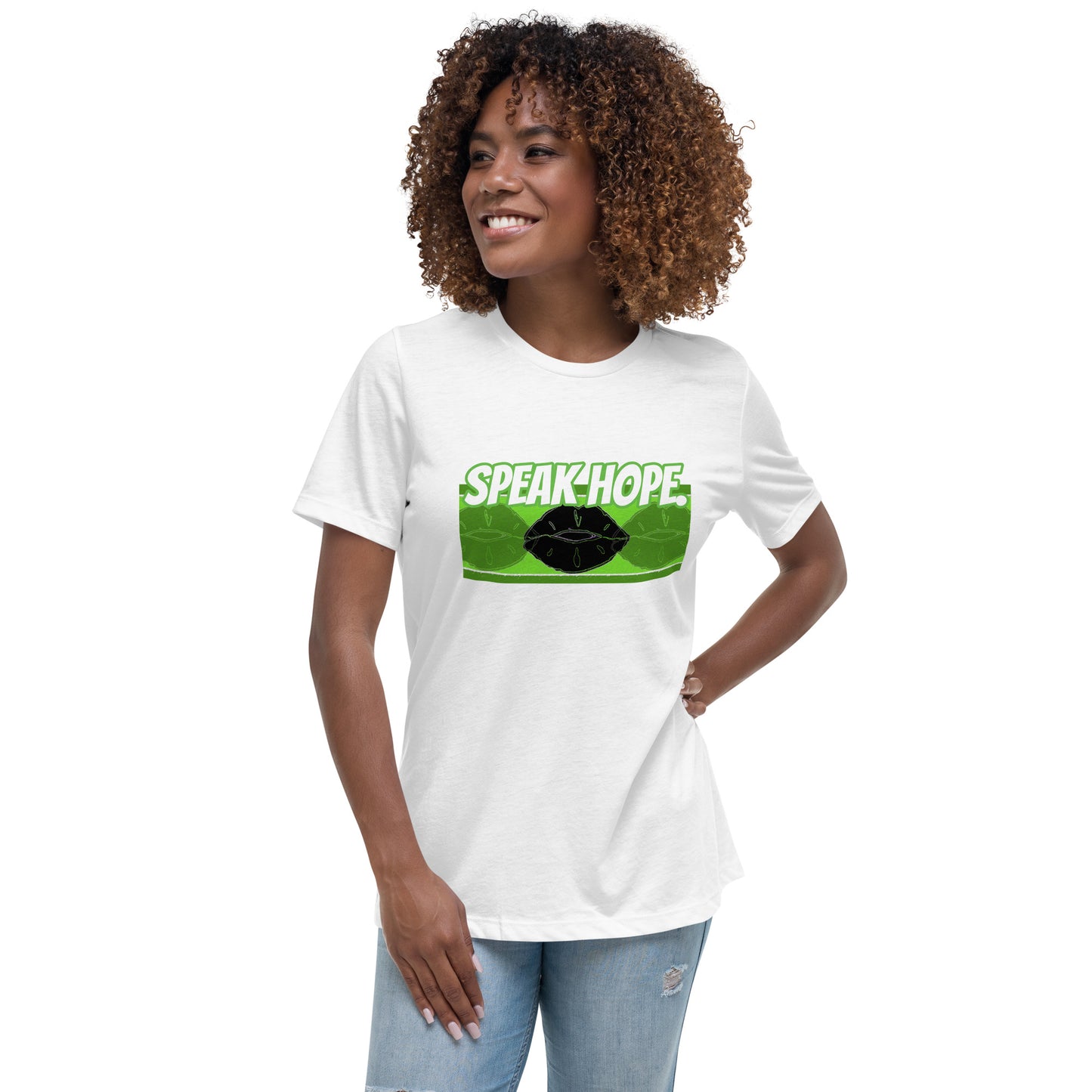 Front of white t-shirt with text saying 'Speak Hope' and black and green lips design beneath