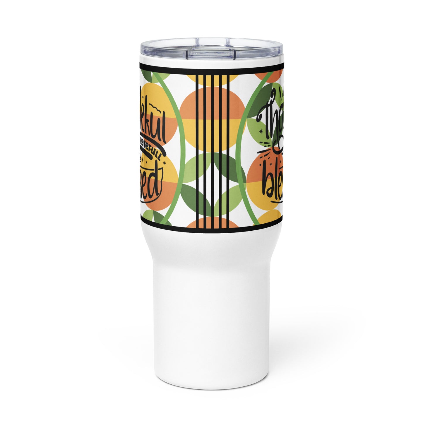 Front side of white travel mug with green, gold, and orange pattern and text saying 'Thankful, grateful, blessed' on both sides