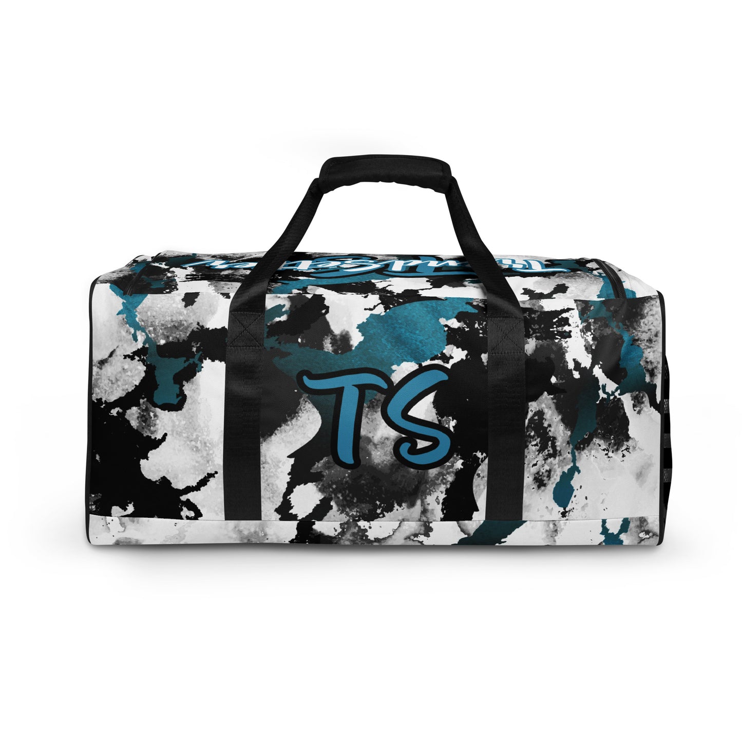 Back of black, white and blue patterned duffel with 'TS' text in blue
