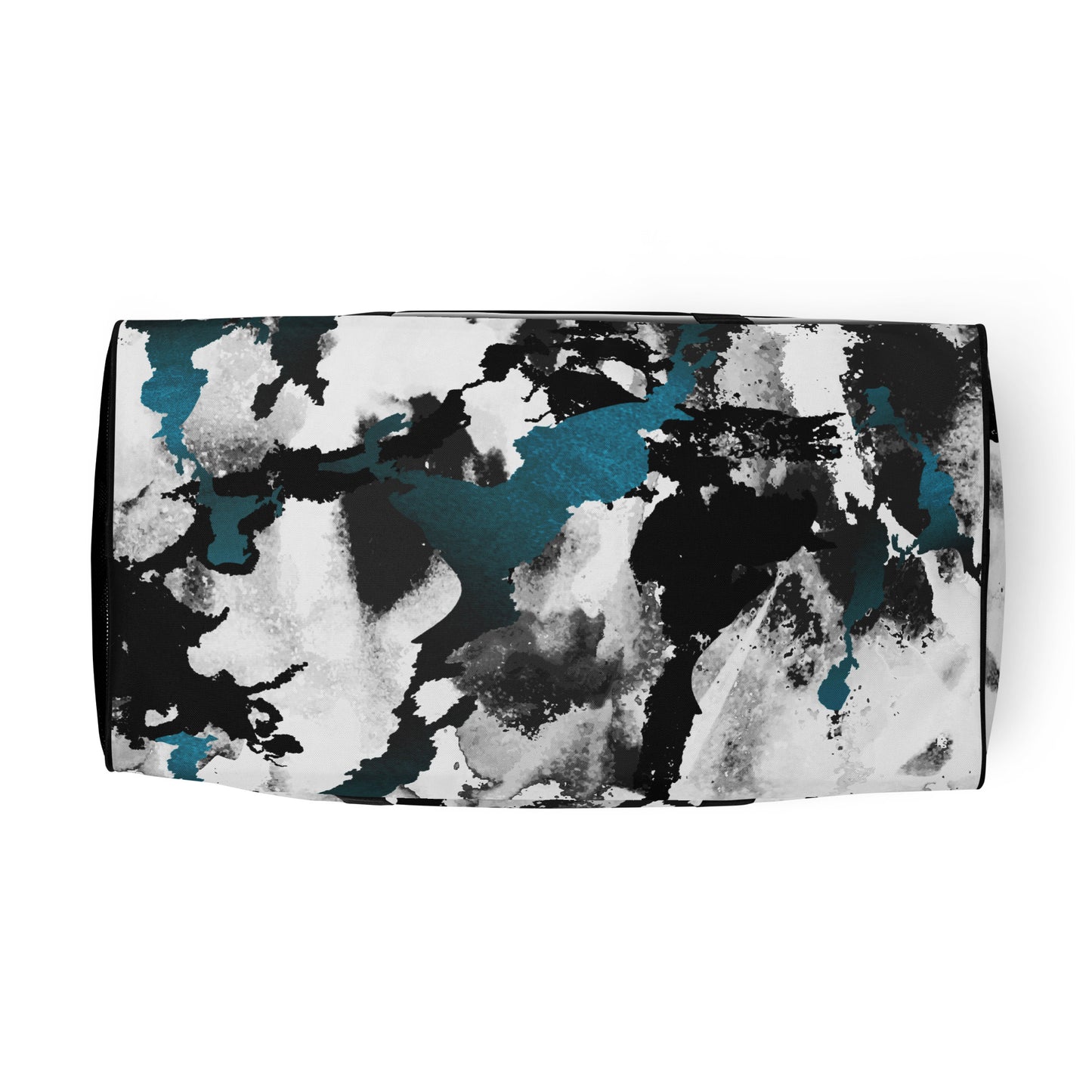 Bottom black, white and blue patterned duffel