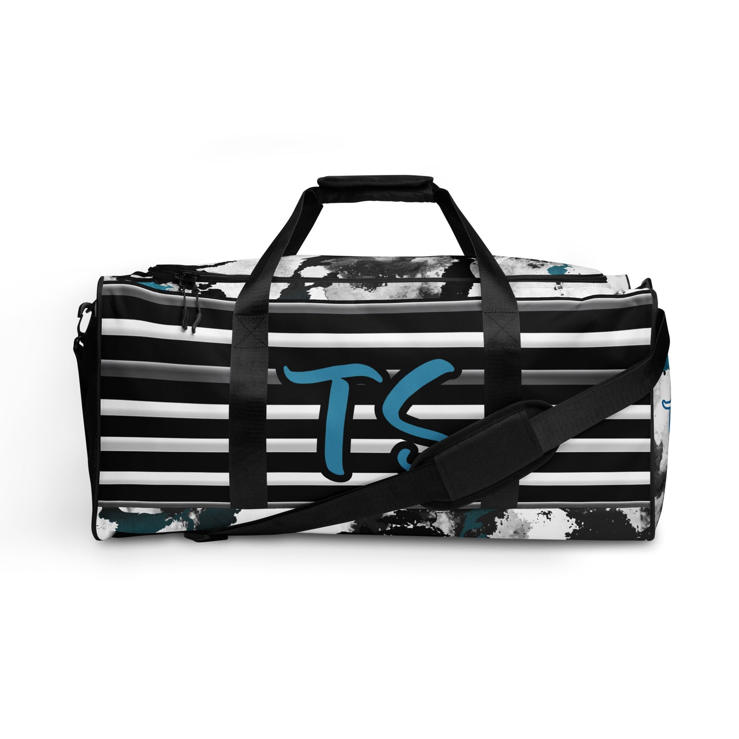Front of Black, white and blue stripped and patterned duffel with 'TS' text in blue