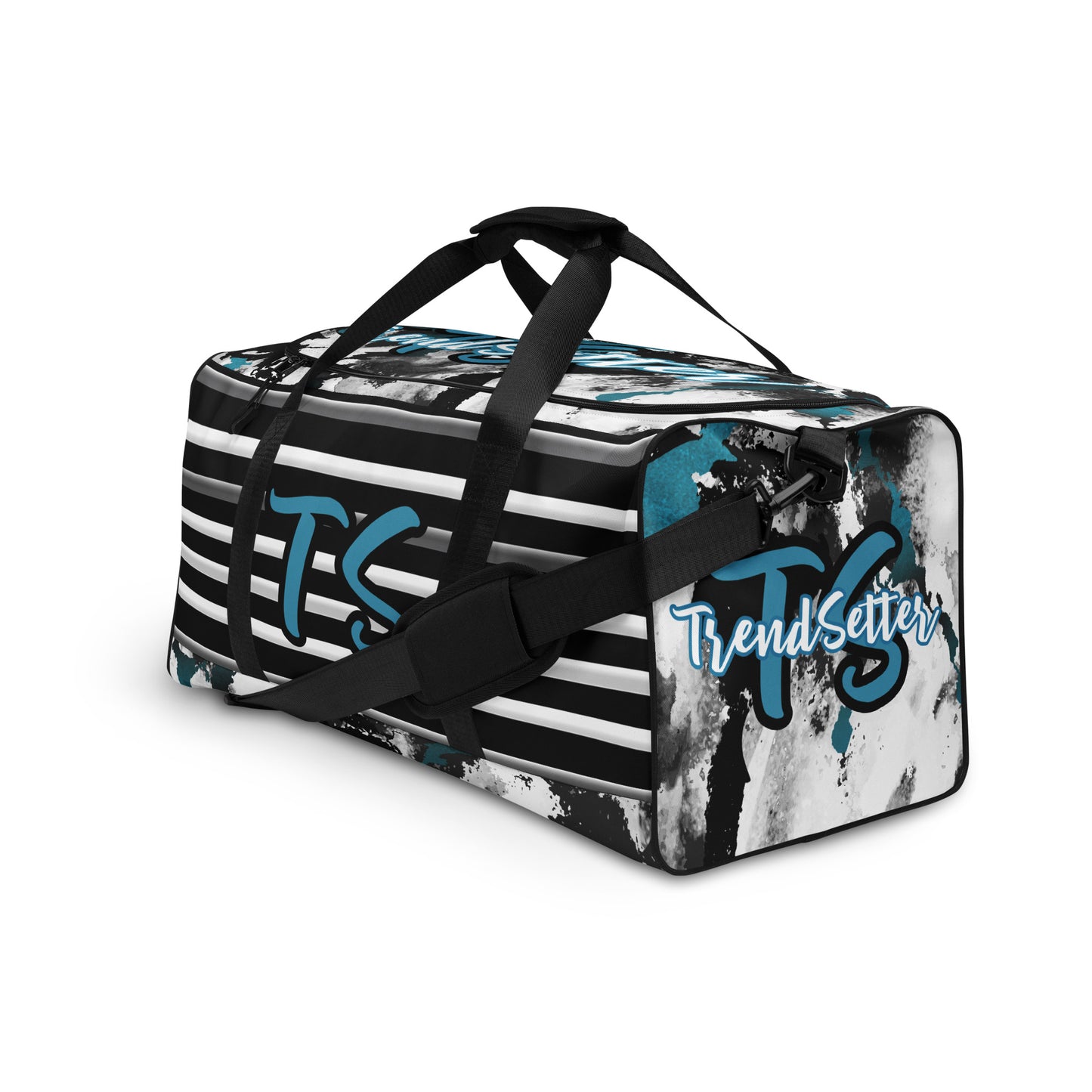 Left front of Black, white and blue stripped and patterned duffel with 'TS' text in blue and 'TrendSetter' text in white