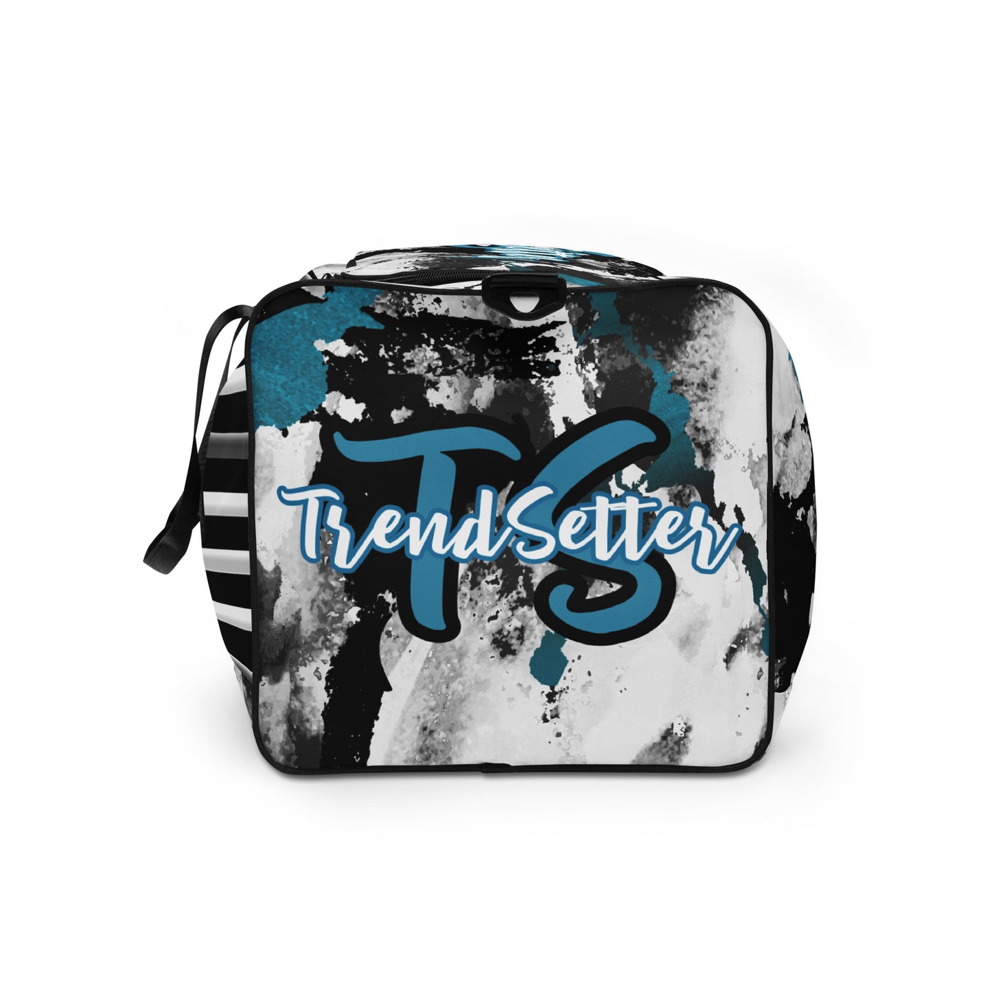 Left side of black, white and blue stripped and patterned duffel with 'TS' text in blue and 'TrendSetter' in white