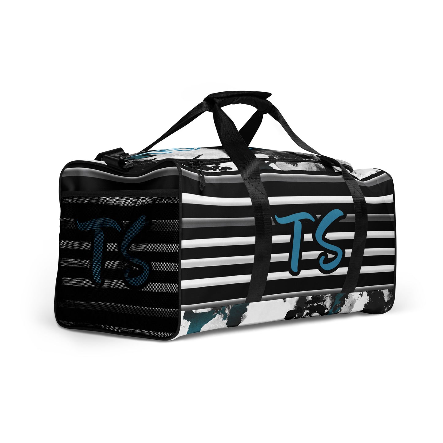Angled right front of Black, white and blue stripped and patterned duffel with 'TS' text on side and front