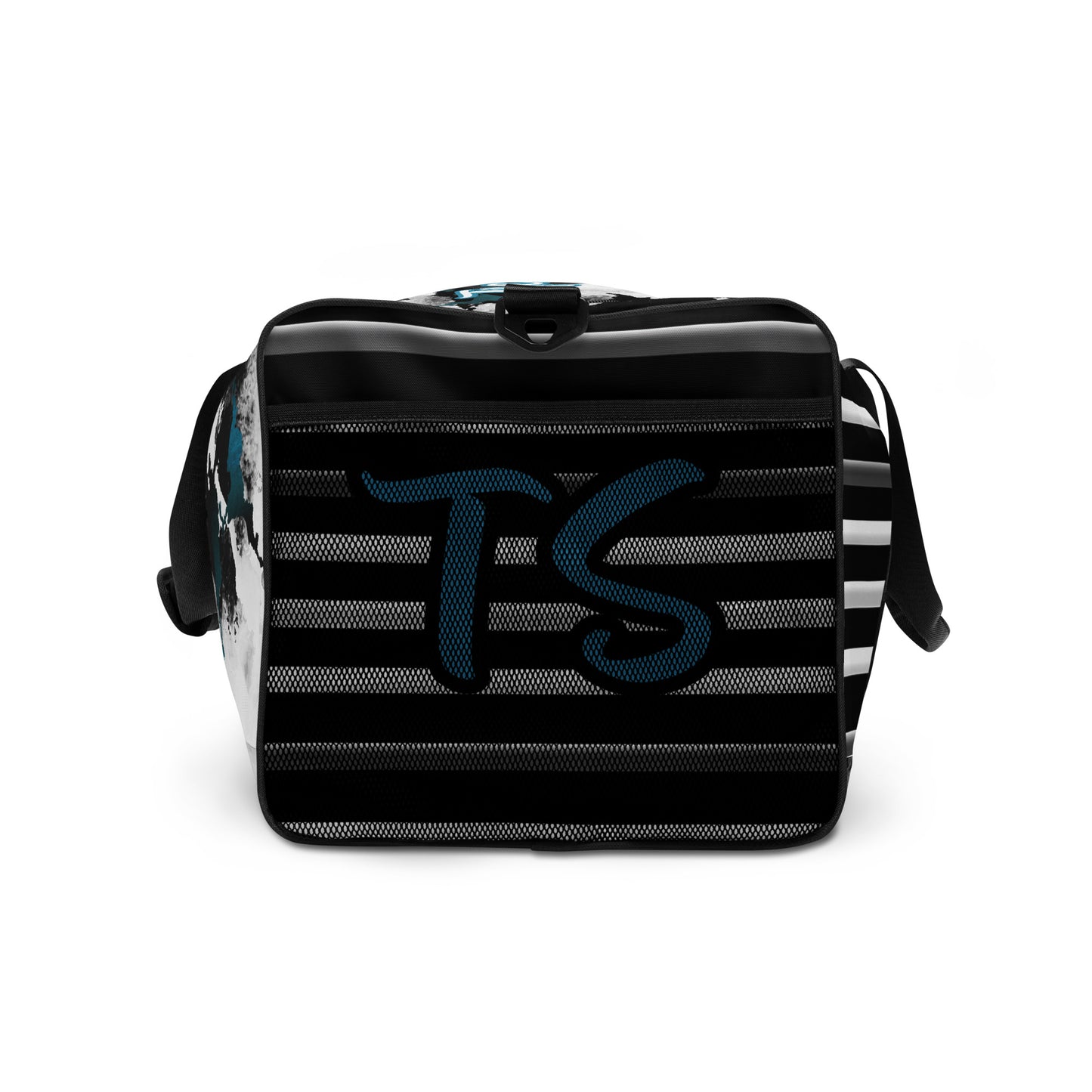 Right side of Black, white and blue stripped duffel with 'TS' text in blue