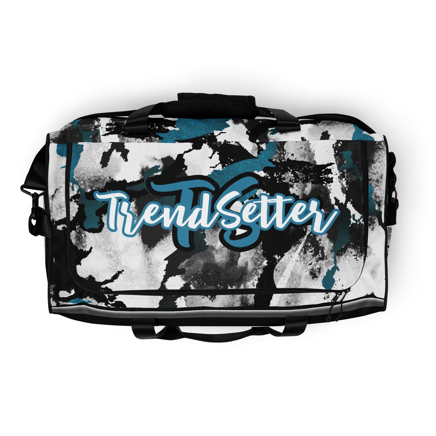 Top of black, white and blue patterned duffel with 'TS' text in blue and 'TrendSetter' in white