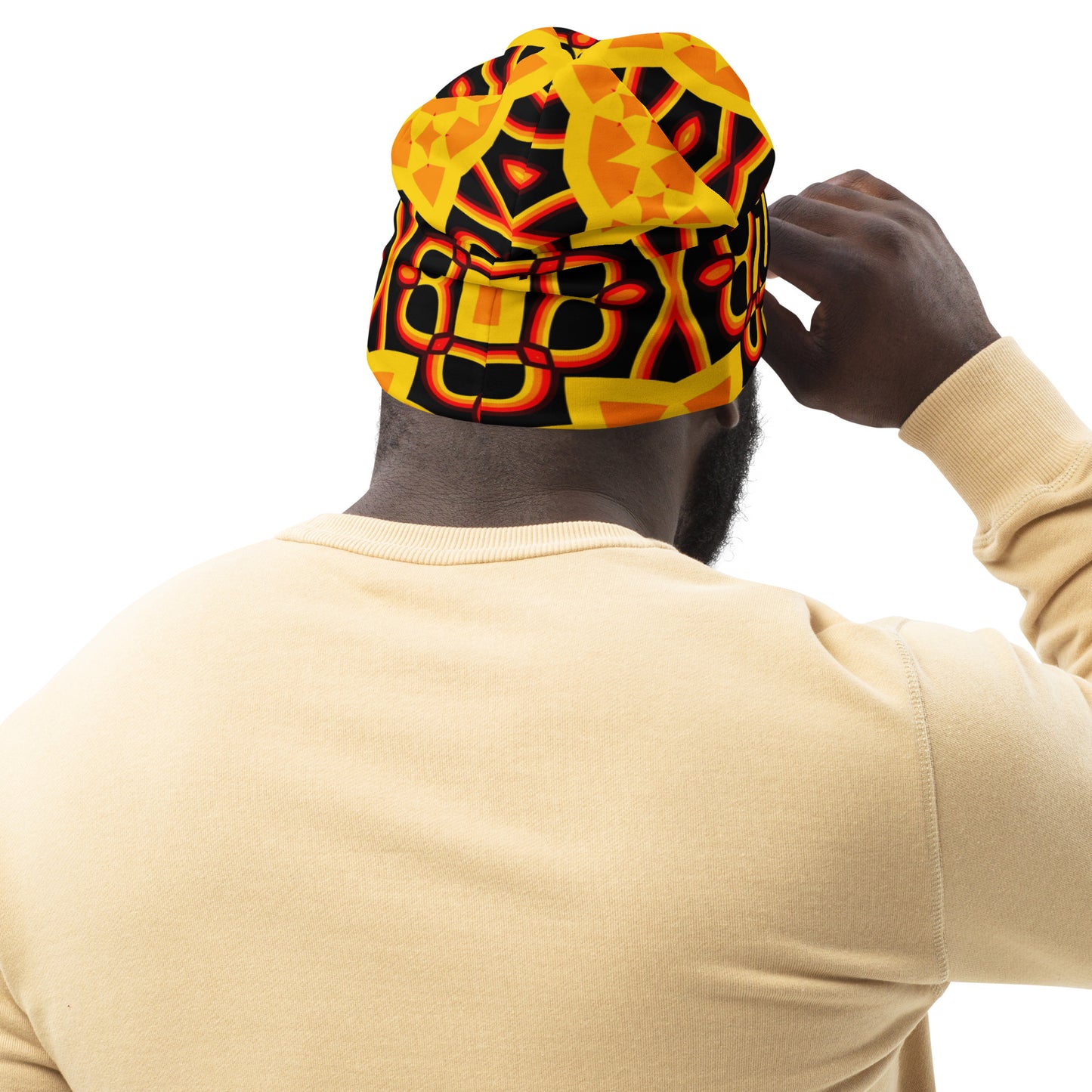 Bck of TrendSetter Exotic beanie with black, red, and gold print background