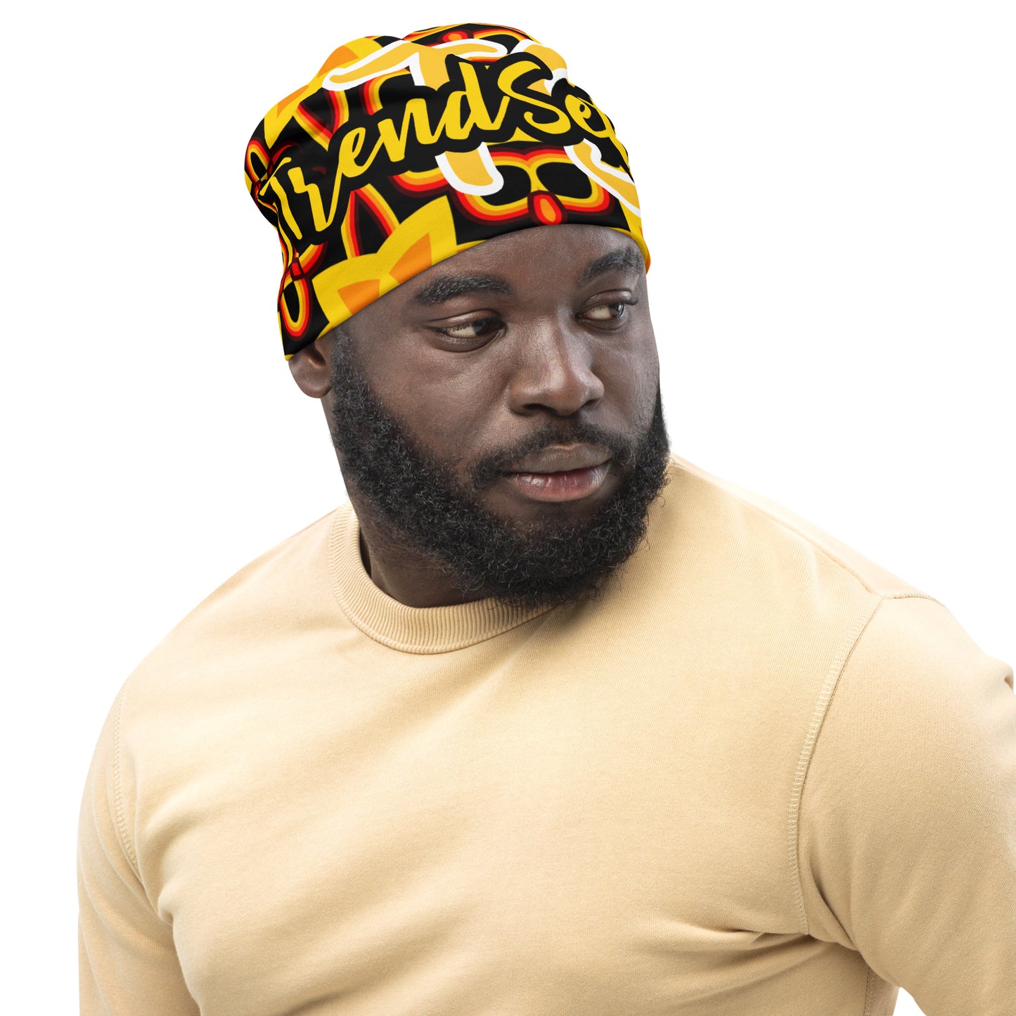 Right front of TrendSetter Exotic beanie with black, red, and gold pattern background with text saying 'TrendSetter'