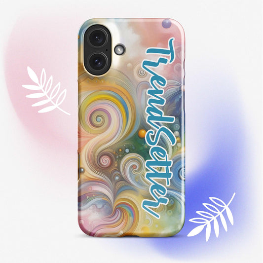 Front of iPhone 16 case with multi-colored swirls and blue and white text saying 'TrendSetter'