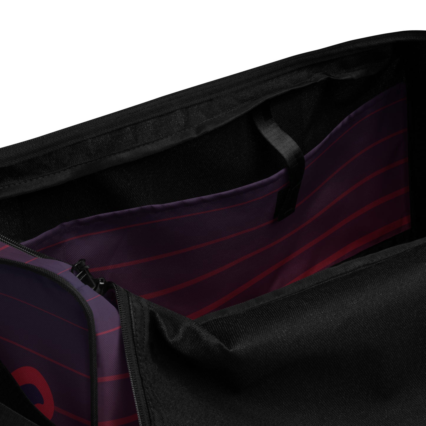 Inside of TrendSetter United Duffle Bag with red and blue stripped design