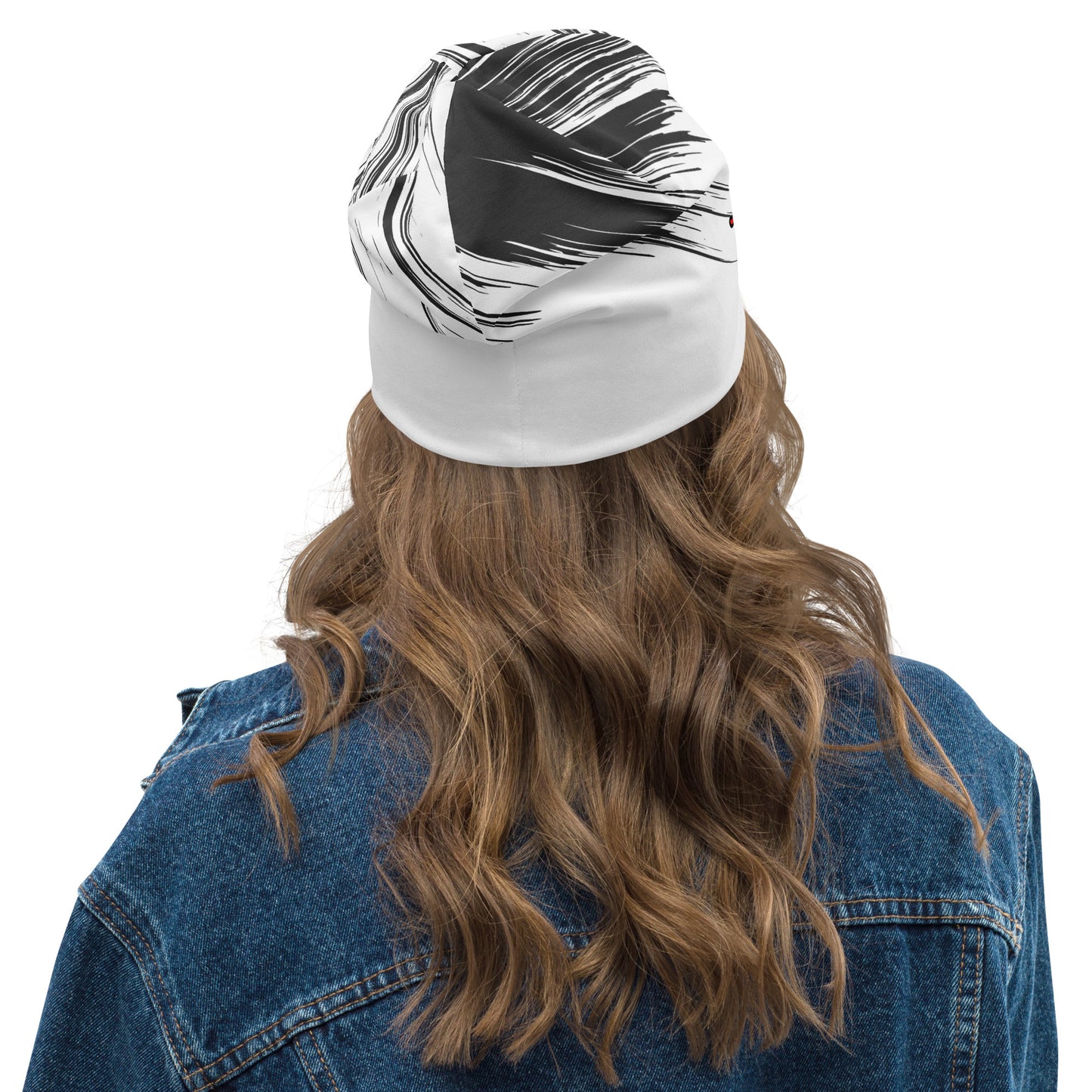 Back of TrendSetter black and white beanie saying