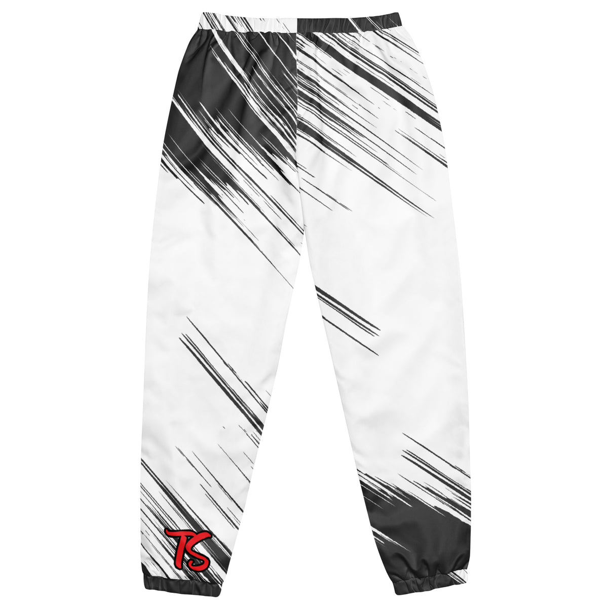Backof black and white track pants with text saying 'TS' on bottom of left leg