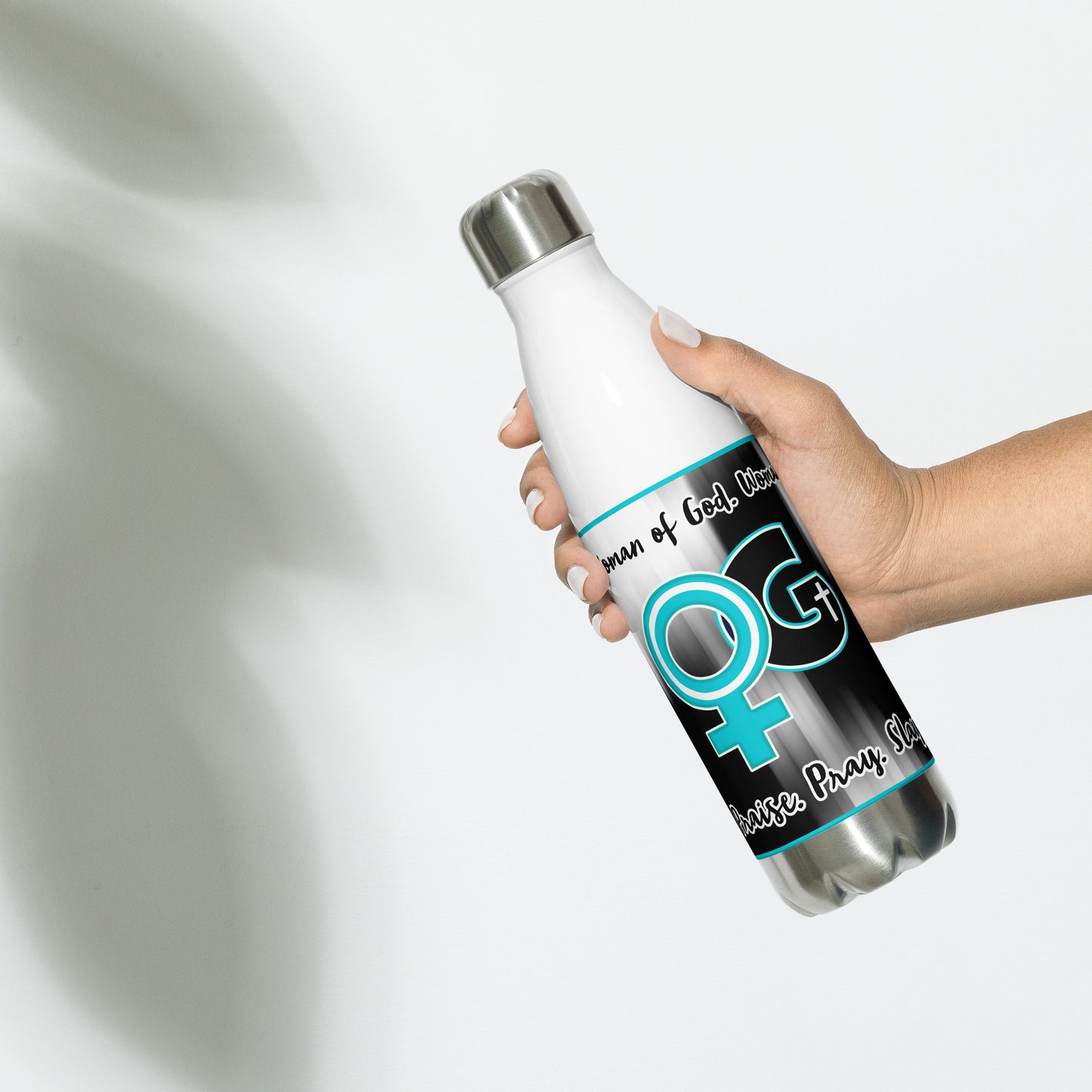 Back of white stainless steel water bottle with teal, black and white WOG logo on black and white background with black and white text at top and bottom