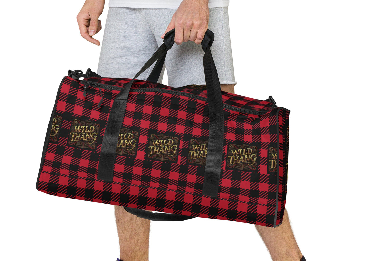Front flat of red and black duffle back with red, black and gold icon saying 'Wild Thang'