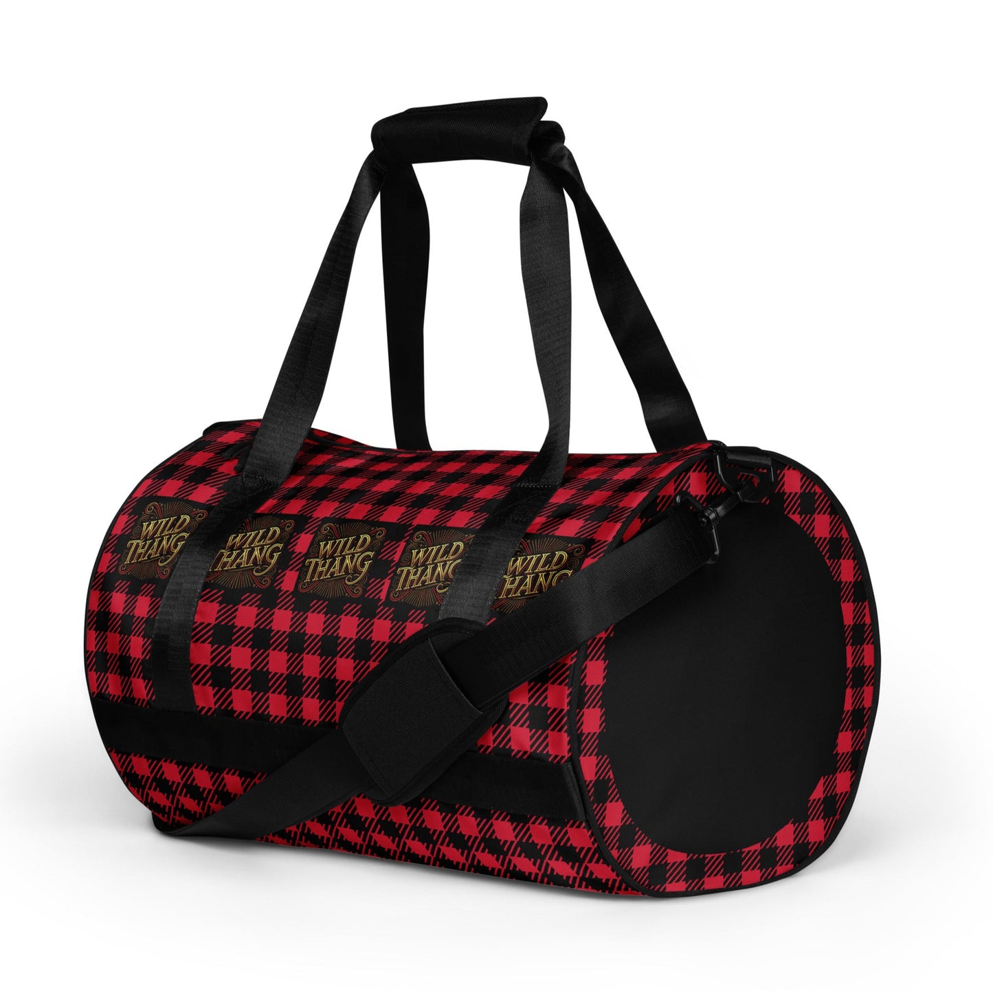 Left font of red and black gym back with red, black and gold icon saying 'Wild Thang'