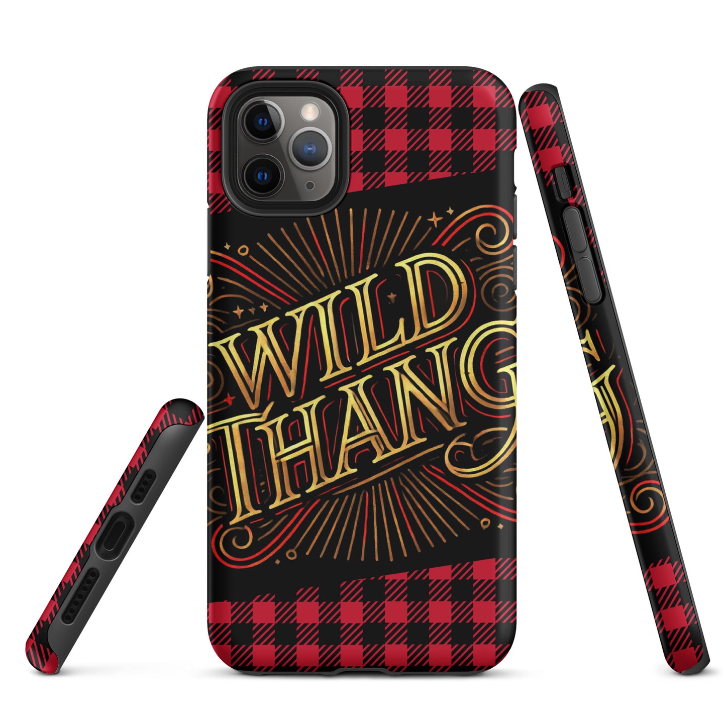 Front of iPhone 11 pro phone case with black and white plaid background and icon saying 'Wild Thang'