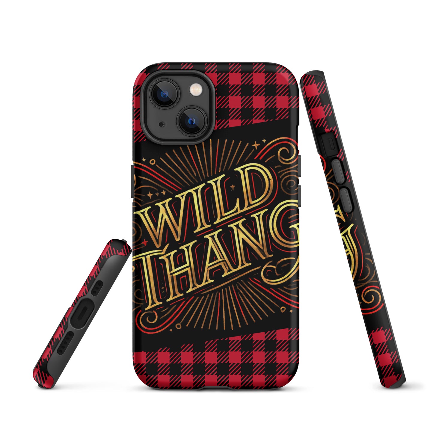 Front of iPhone 13 phone case with black and white plaid background and icon saying 'Wild Thang'