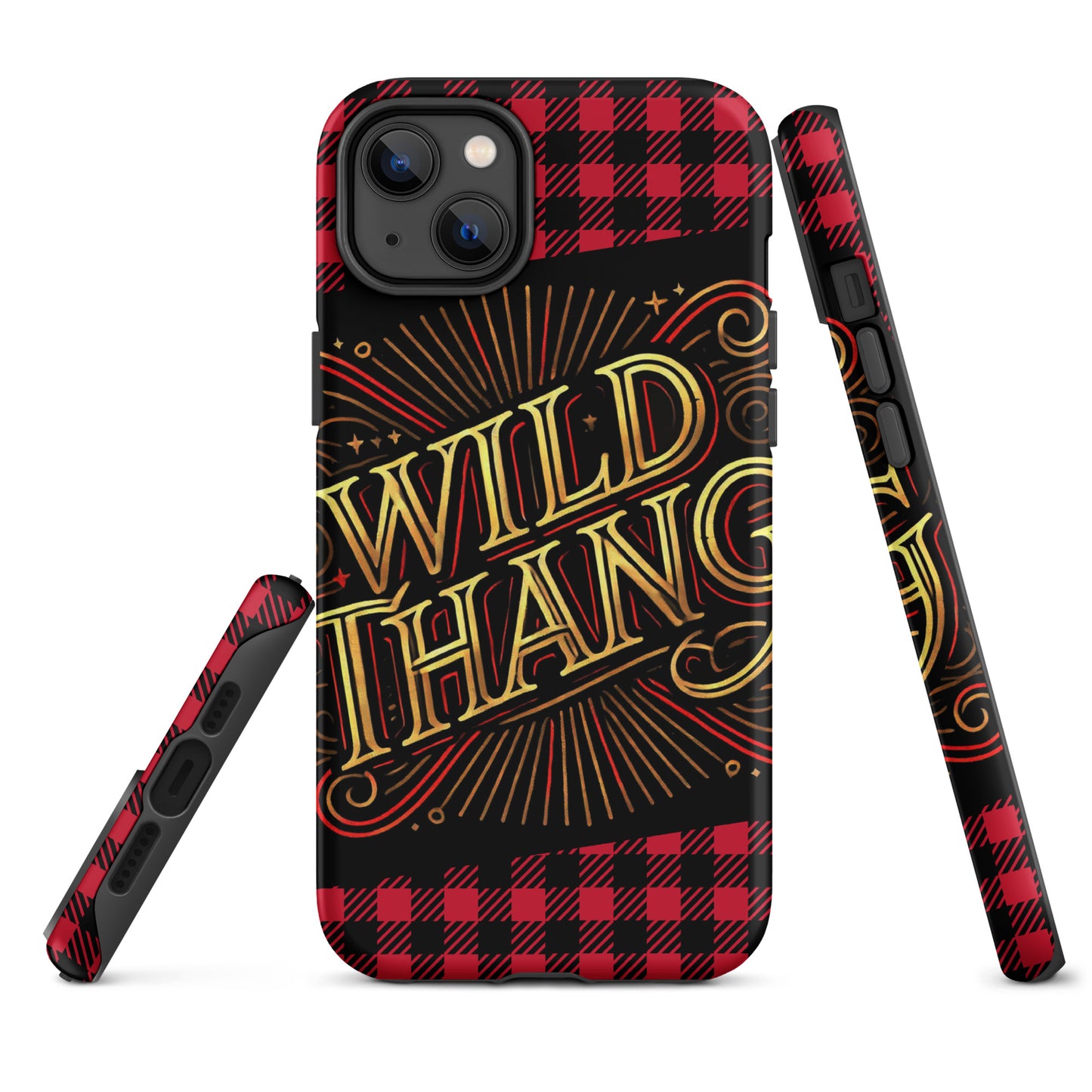Front of iPhone 14 plus phone case with black and white plaid background and icon saying 'Wild Thang'