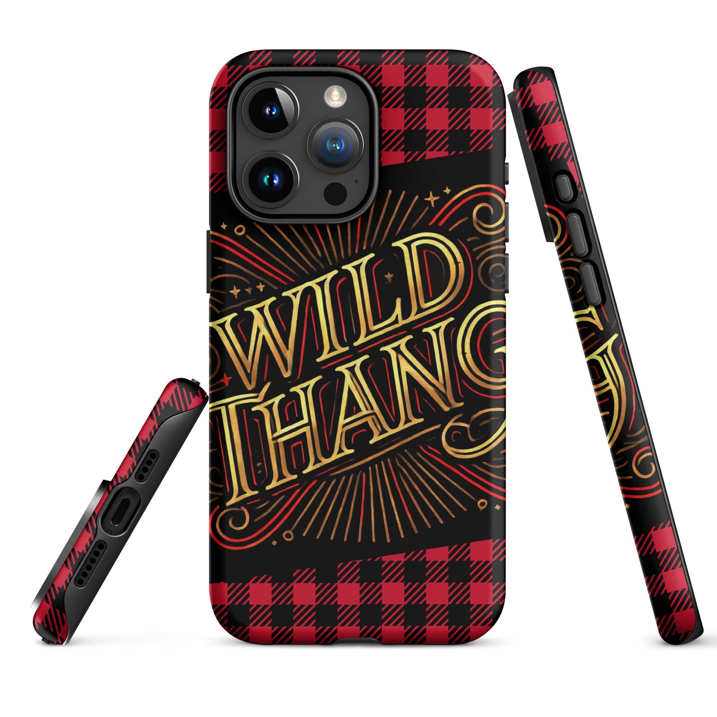 Front of iPhone 15 pro phone case with black and white plaid background and icon saying 'Wild Thang'