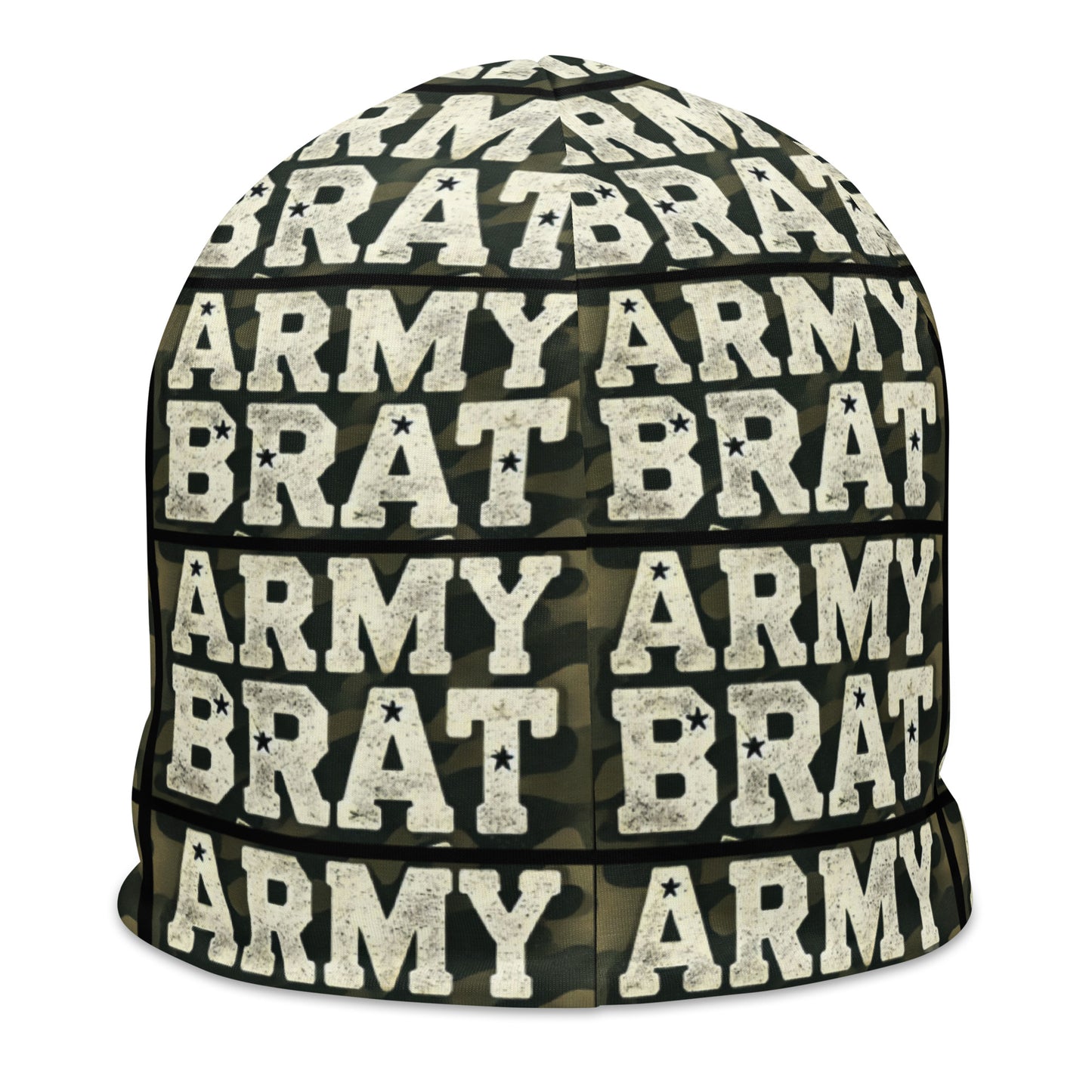 Back of green and white beanie with print pattern saying 'Army Brat'