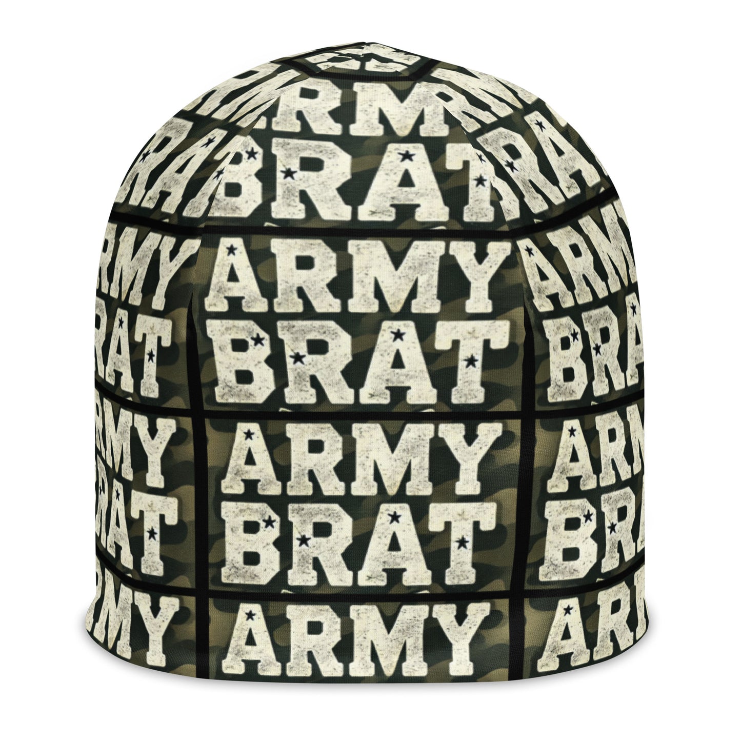Front of green and white beanie with print pattern saying 'Army Brat'