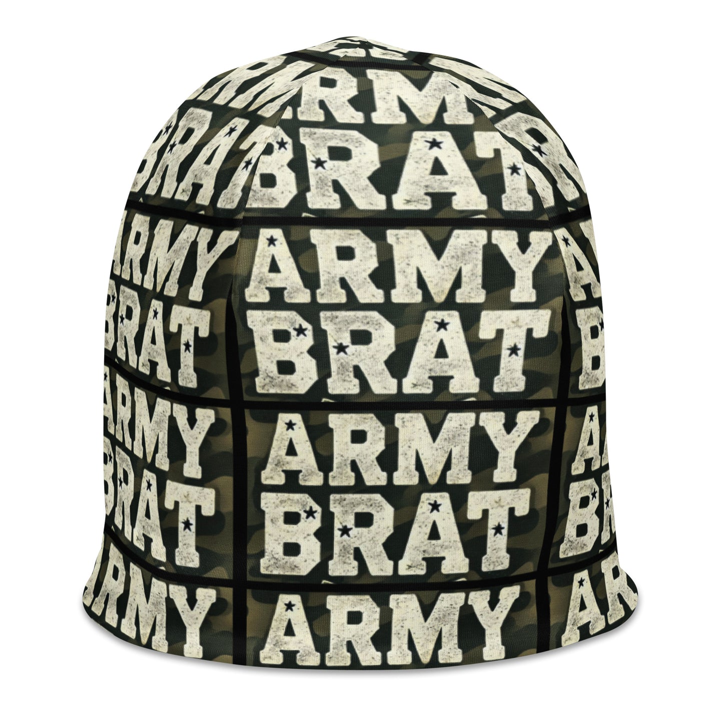 Right front of green and white beanie with print pattern saying 'Army Brat'