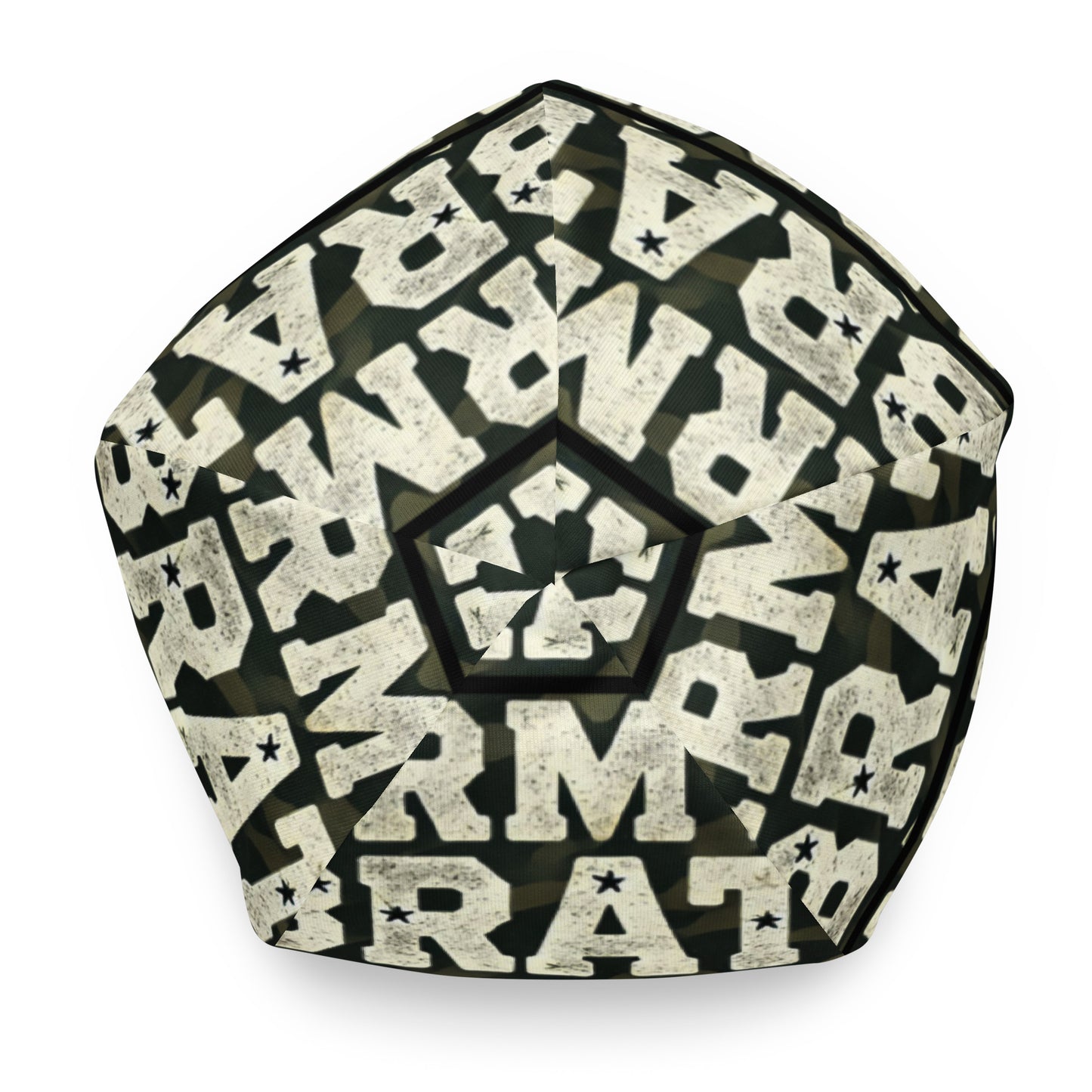 Top of green and white beanie with print pattern saying 'Army Brat'
