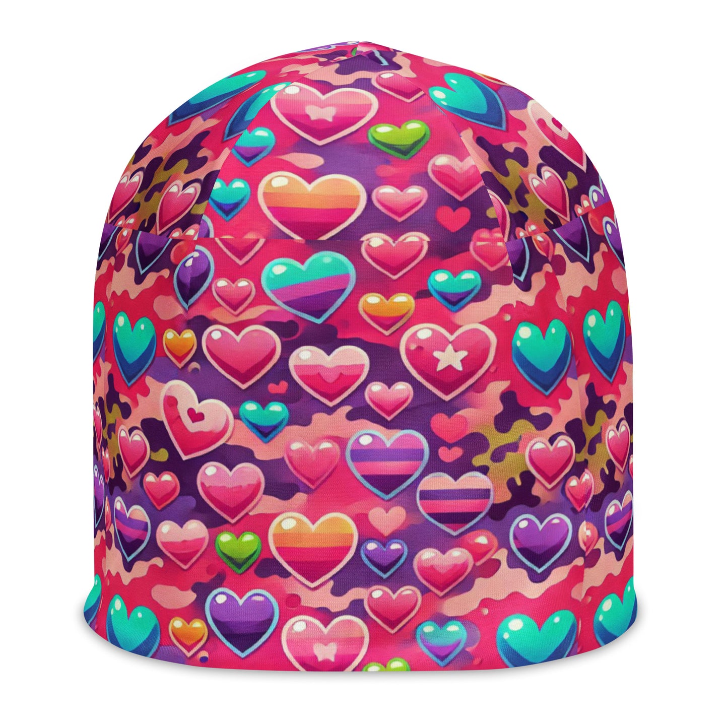 Front of youth Kid at heart beanie with a pink background and colored hearts patterned